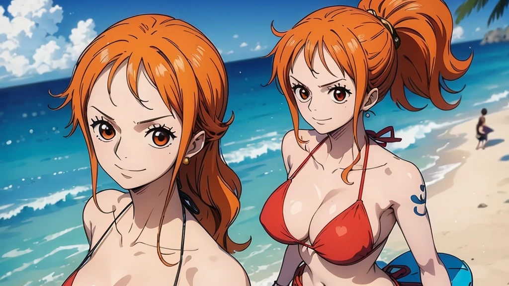 An Arafe woman wears a bikini top and red super miniskirt, nami one piece, uma obra-prima , Retrato bonito de Nami, nami from one piece,Nami em super minissaia vermelha, arte de anime digital detalhada, Cute Exirobat showing white pants, Muito detalhado Artgerm haha, deviantart artstation cgsscosiety, realistic red bikini, roupa de banho vermelha, fanart melhor artstation, Artgerm. alto detalhamento, seios grandes.