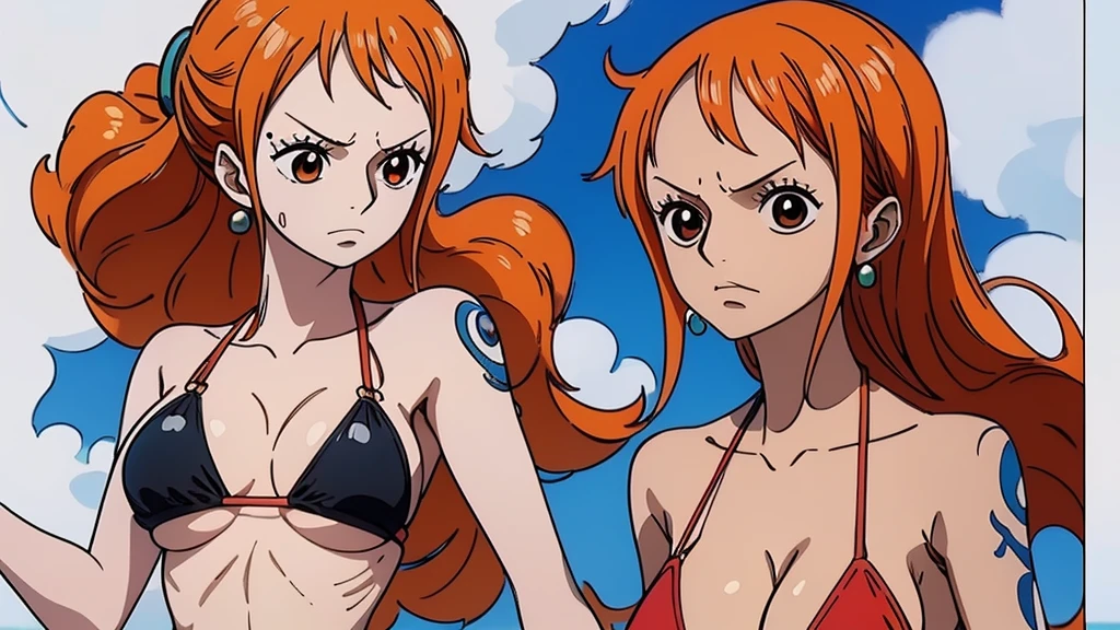 An Arafe woman wears a bikini top and red super miniskirt, nami one piece, uma obra-prima , Retrato bonito de Nami, nami from one piece,Nami em super minissaia vermelha, arte de anime digital detalhada, Cute Exirobat showing white pants, Muito detalhado Artgerm haha, deviantart artstation cgsscosiety, realistic red bikini, roupa de banho vermelha, fanart melhor artstation, Artgerm. alto detalhamento, seios grandes.