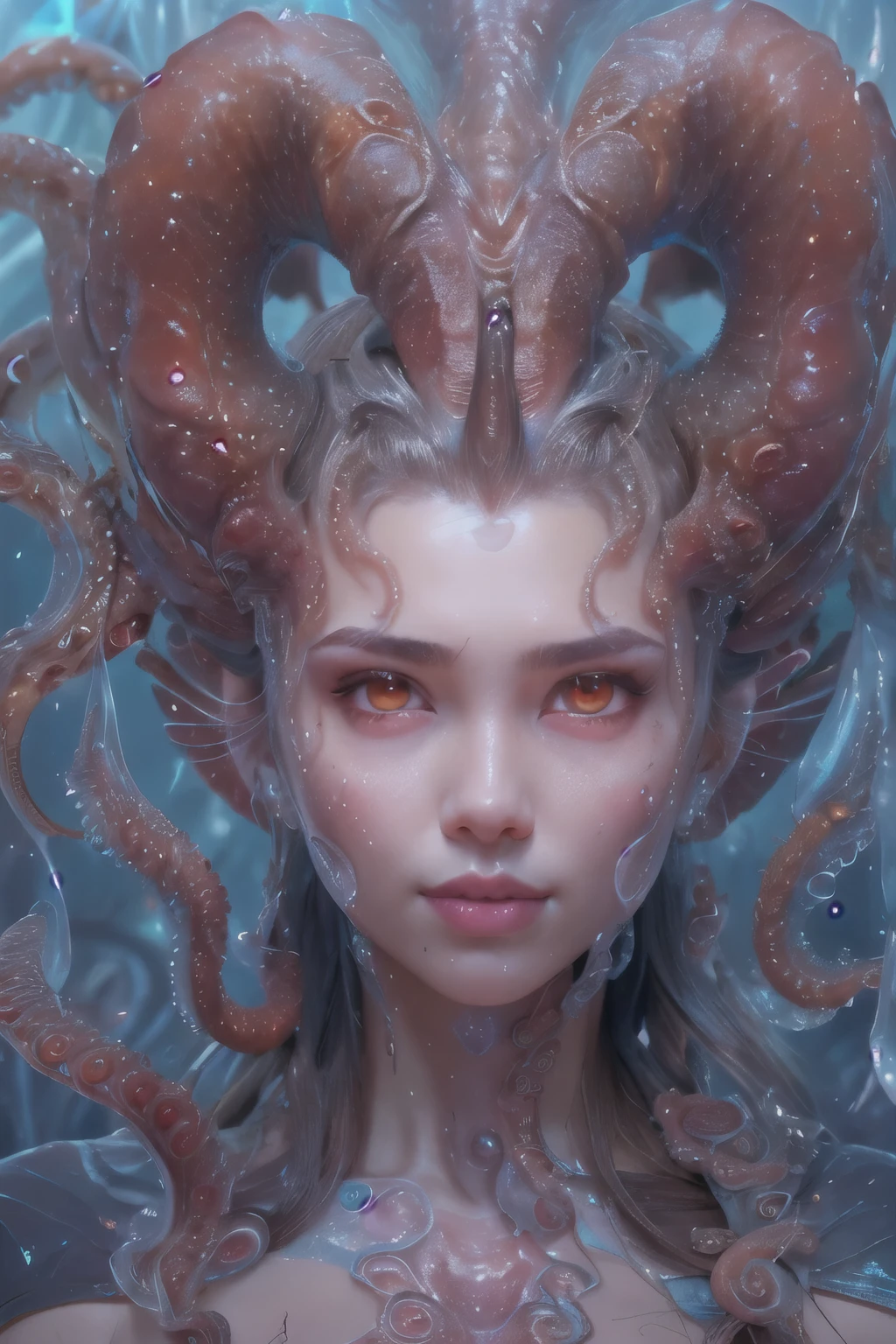 Portrait, (beautiful female alien:1.2), (she has red eyes with no pupils:1.8), (Translucent skin:1.7), (There is a female genital-like organ in the middle of the forehead:1.9), (The most beautiful face in the history of the universe:1.2),an evil gaze that seduces, (large mouth:1.1), (sharp teeth like a vampire:1.2), Full body like, (bio luminescent:1.5), (Smile wickedly:1.3), (sexypose:1.5), alien, No humans, cells are fused, (Lots of translucent tentacles:1.3) extraterrestrial, cell, bio image, Best Quality, 8K,4K_quality, High Definition, Dramatic Lighting, masutepiece:1.5,cinematic quality, detail up, (Intricate details:1.2), High resolution, High Definition, drawing faithfully, (Thick eyebrows:1.2), Beautiful eyes with fine symmetry,(Highly detailed face and eyes:1.2), Intimate face, (Super detailed skin quality feeling:1.4), Perfect Anatomy, (Beautiful toned body:1.5), (Moist skin:1.2), No makeup, (dark circles:1.1), long canines, cinematic drawing of characters, ultra high quality model, cinematic quality, detail up, (Intricate details:1.2), High resolution, High Definition, drawing faithfully, Official art, Unity 8K wall , 8K Portrait, Best Quality, Very High resolution, ultra detailed artistic photography, midnight aura, unreal enginee 5, Ultra Sharp Focus, art by alberto seveso, ArtGerm, Roisch, intricate artwork, best quality, masutepiece, ultra High resolution, (photos realistic:1.4), Ultra-realistic realism, dream-like, nautilus, Creation of fantasy, Snail, Dream Snail, biopunk nautilus, Thrilling color schemes, Ultra-realistic realism, seductively smiling, Blue tentacles,