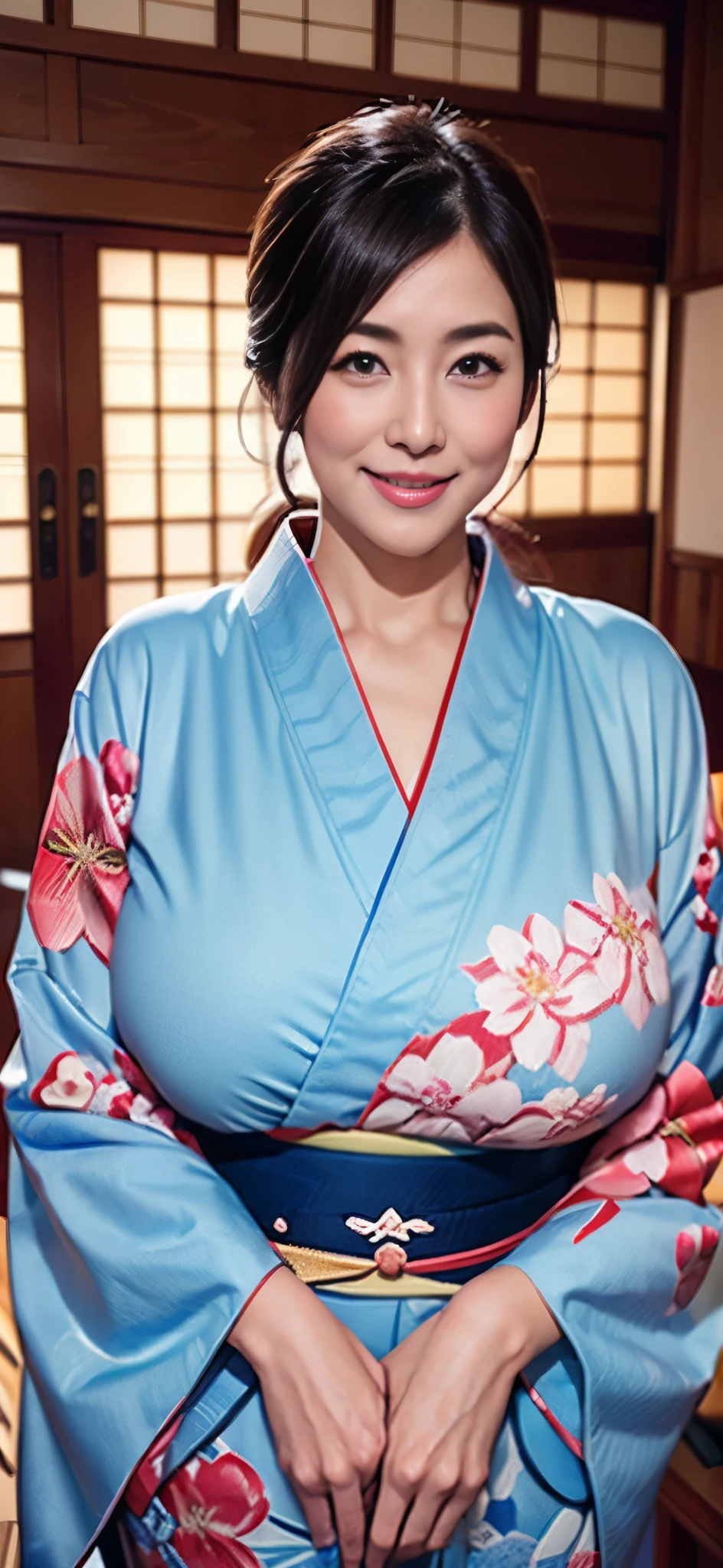 The most beautiful moms in the Japan(Giant body)、Wearing a kimono、Japanese style room、Huge breasts that are too big and droop a little、January、With smiling eyes、new year greetings