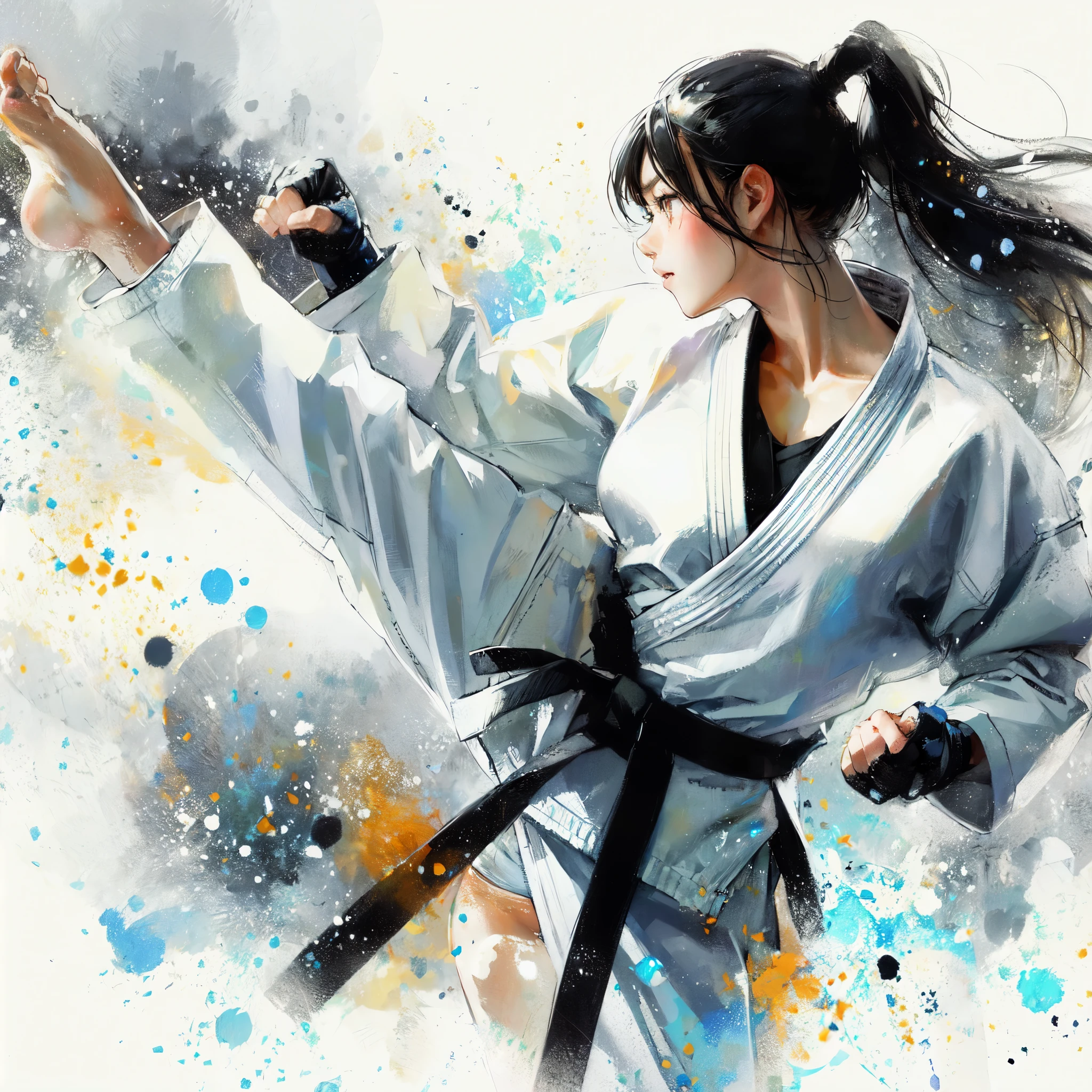 high quality,hd,16k,1girl,female karate athlete,white kimono,cute face, large breasts, slender body, delicate body, sweat,light clothing, in karate venue,focus girl,detailed beautiful face,detailed clothes,beautiful eyes,cool