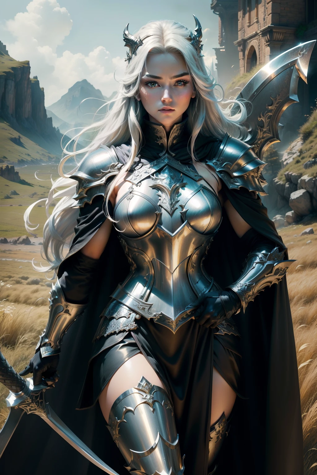 Amazing resolution、hight resolution、(masterpiece:1.4)、ultra-detailliert、vivid details、muscularwoman、queen of dragons、Upper body view、Let your golden hair flow、wear silver armor、black cloak、with a big ax in hand、grassland scenery