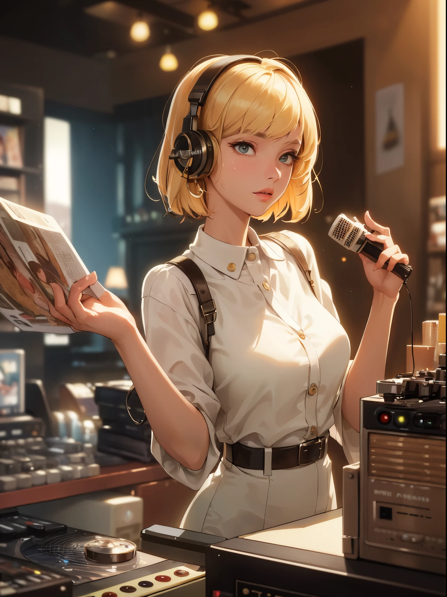 (​masterpiece、top-quality:1.4)、ultra-detailliert、Soft light、natural soft light、cinematic light、film grains、(Depth of the bounds written)、(1womanl、独奏:1.4)、A MILF、Perfect female shape、(face perfect、A detailed face、shiny lip、eye liner)、short hair、bionde、(Mixtapes:1.4)、(Music Store、disk、VIil、radio、amp、speakers)、