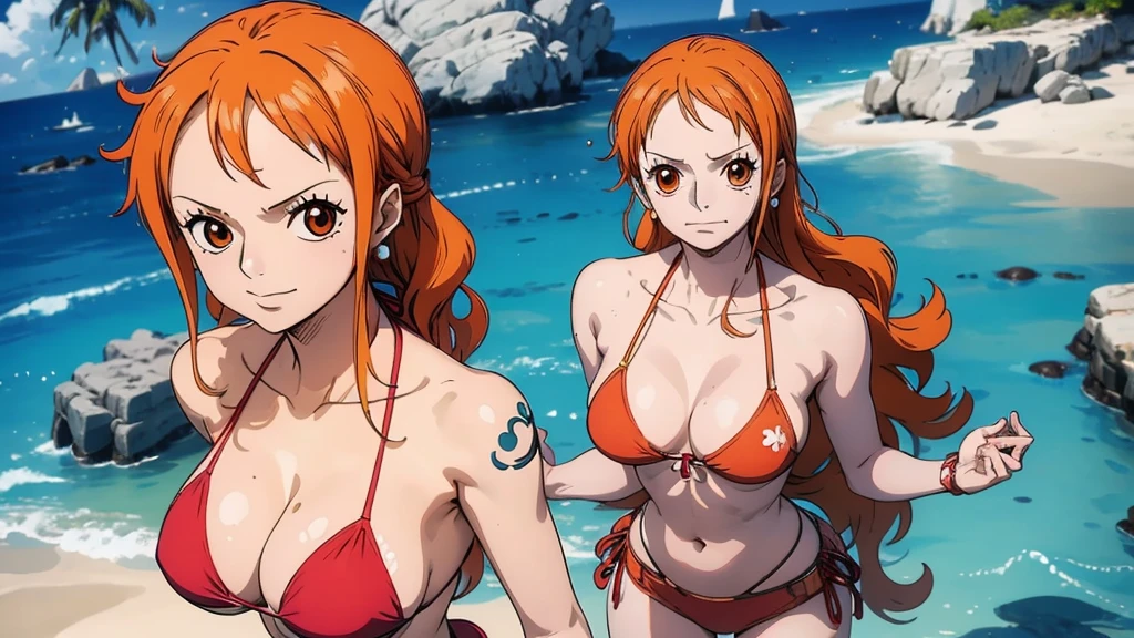 An Arafe woman wears a bikini top and red super miniskirt, nami one piece, uma obra-prima , Retrato bonito de Nami, nami from one piece,Nami em super minissaia vermelha, arte de anime digital detalhada, Cute Exirobat showing white pants, Muito detalhado Artgerm haha, deviantart artstation cgsscosiety, realistic red bikini, roupa de banho vermelha, fanart melhor artstation, Artgerm. alto detalhamento, seios grandes.