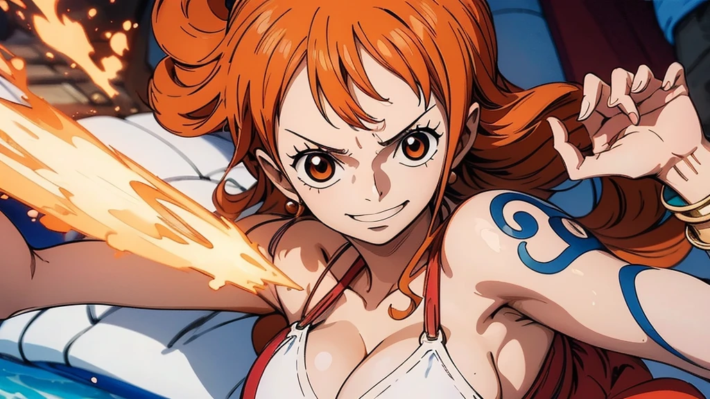 An Arafe woman wears a bikini top and red super miniskirt, nami one piece, uma obra-prima , Retrato bonito de Nami, nami from one piece,Nami em super minissaia vermelha, arte de anime digital detalhada, Cute Exirobat showing white pants, Muito detalhado Artgerm haha, deviantart artstation cgsscosiety, realistic red bikini, roupa de banho vermelha, fanart melhor artstation, Artgerm. alto detalhamento, seios grandes.