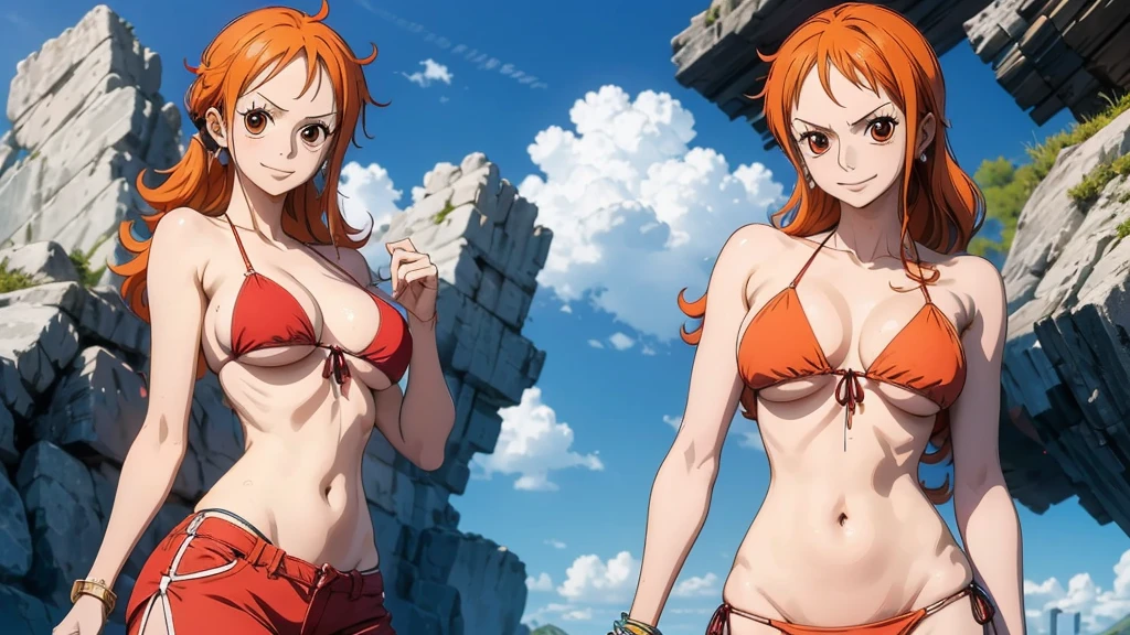 An Arafe woman wears a bikini top and red super miniskirt, nami one piece, uma obra-prima , Retrato bonito de Nami, nami from one piece,Nami em super minissaia vermelha, arte de anime digital detalhada, Cute Exirobat showing white pants, Muito detalhado Artgerm haha, deviantart artstation cgsscosiety, realistic red bikini, roupa de banho vermelha, fanart melhor artstation, Artgerm. alto detalhamento, seios grandes.