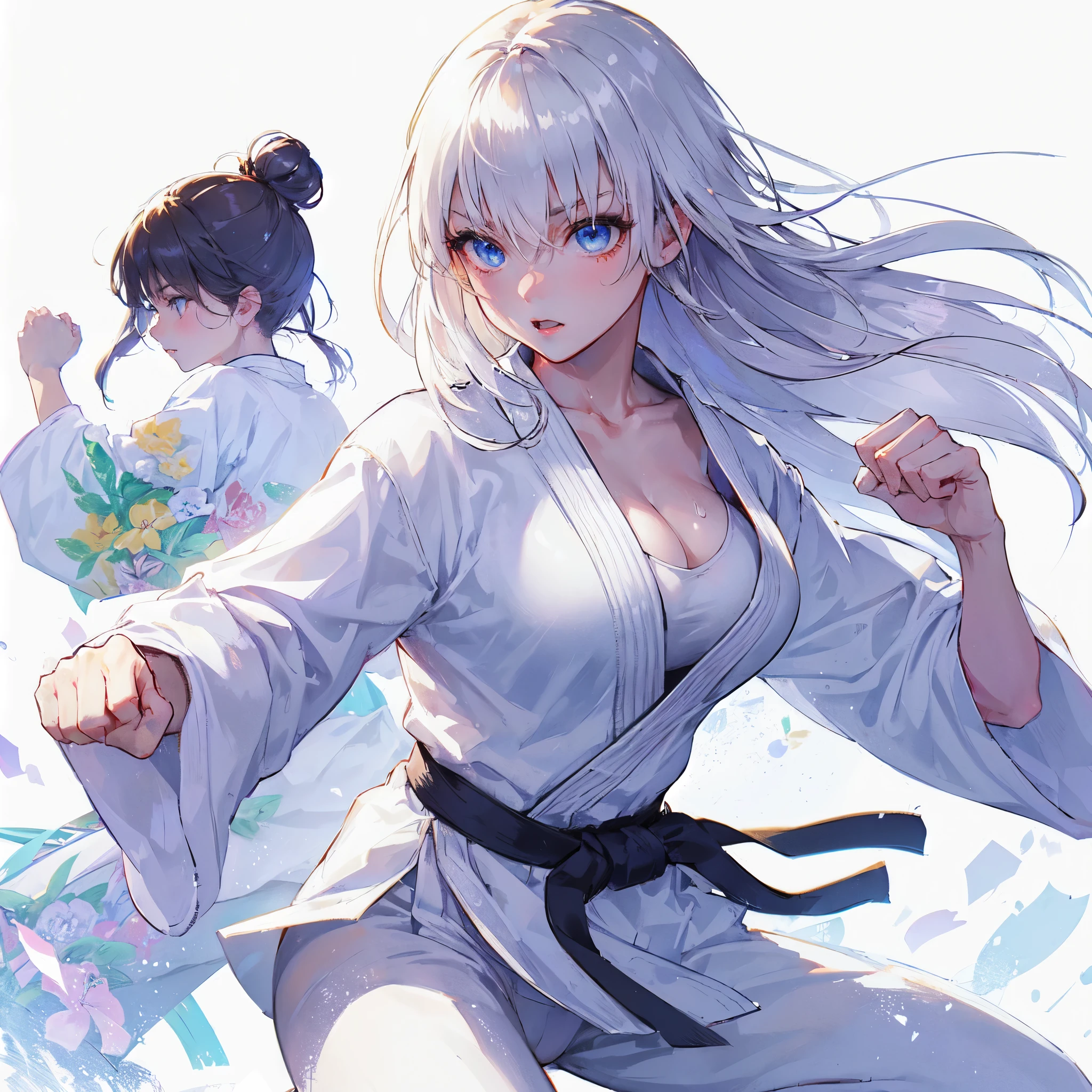 high quality,hd,16k,1girl,female karate athlete,white kimono,cute face, large breasts, slender body, delicate body, sweat,light clothing, in karate venue,focus girl,detailed beautiful face,detailed clothes,beautiful eyes,cool