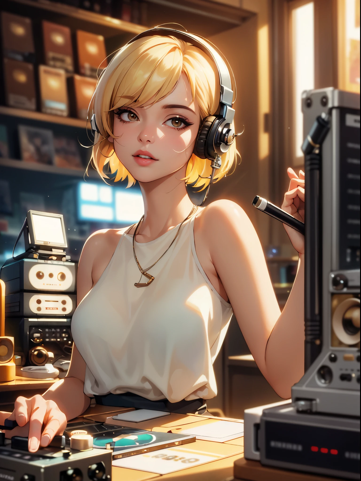 (​masterpiece、top-quality:1.4)、ultra-detailliert、Soft light、natural soft light、cinematic light、film grains、(Depth of the bounds written)、(1womanl、独奏:1.4)、A MILF、Perfect female shape、(face perfect、A detailed face、shiny lip、eye liner)、short hair、bionde、(Mixtapes:1.4)、(Music Store、disk、VIil、radio、amp、speakers)、
