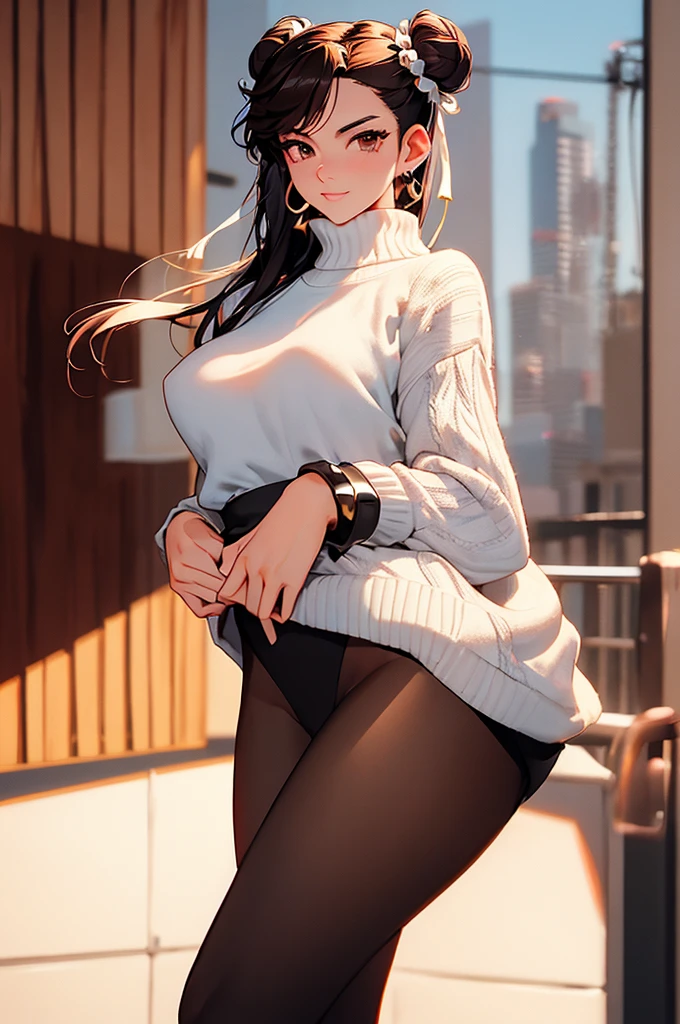 linda chun li mulher morena, cabelos curtos, white knit sweater , brown pantyhose, sala, quarto, beautiful lips, rosto elegante ，cara bonita, Rosto de alto detalhe，pele altamente detalhada, olhando para o espectador, linda pele morena,Standing alone, belas coxas, coxas sexy, coxas grossas, coxas meio um pouco musculosa, tomboy,belo sorriso, lindo rosto detalhado, franja nos olhos