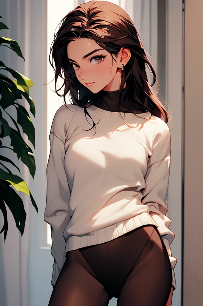 linda mulher morena, cabelos curtos, white knit sweater , brown pantyhose, sala, quarto, beautiful lips, rosto elegante ，cara bonita, Rosto de alto detalhe，pele altamente detalhada, olhando para o espectador, linda pele morena,Standing alone, belas coxas, coxas sexy, coxas grossas, coxas meio um pouco musculosa, tomboy,belo sorriso, lindo rosto detalhado, franja nos olhos
