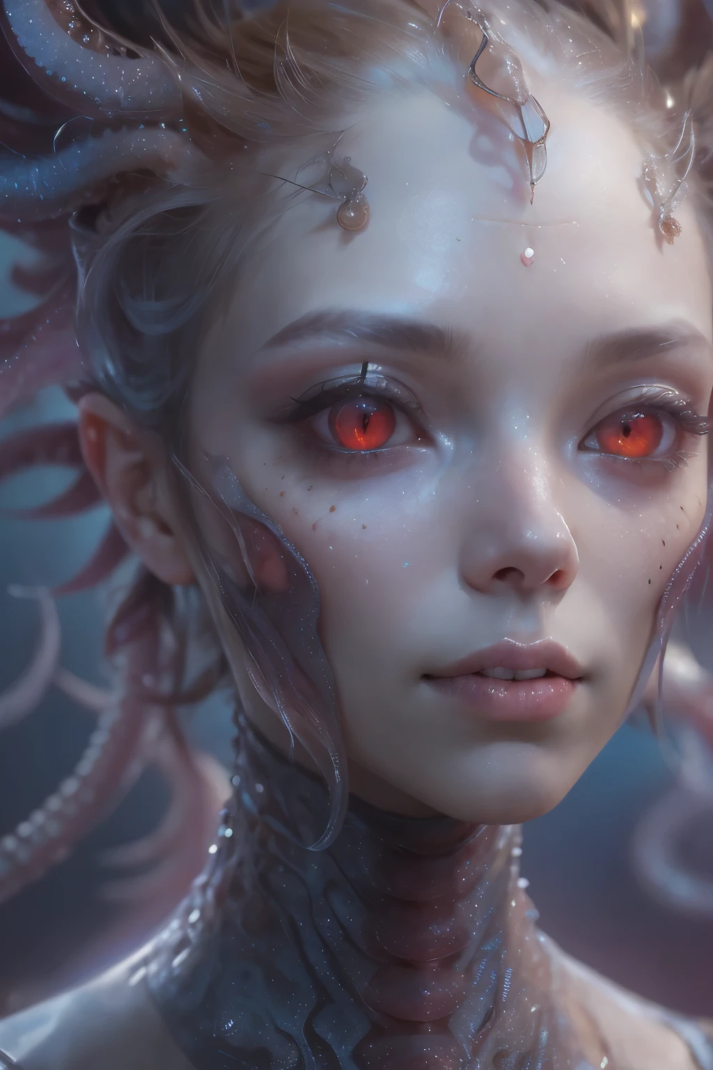 Portrait, (beautiful female alien:1.2),  (she has red eyes with no pupils:1.8), (Translucent skin:1.7),  (There is a female genital-like organ in the middle of the forehead:1.9), (The most beautiful face in the history of the universe:1.2),an evil gaze that seduces, (large mouth:1.1), (sharp teeth like a vampire:1.2), Full body like, (bio luminescent:1.5), (Smile wickedly:1.3),  (sexypose:1.5), alien, No humans, cells are fused, (Lots of translucent tentacles:1.3) extraterrestrial, cell, bio image, Best Quality, 8K,4K_quality, High Definition, Dramatic Lighting, masutepiece:1.5,cinematic quality, detail up, (Intricate details:1.2), High resolution, High Definition, drawing faithfully, (Thick eyebrows:1.2), Beautiful eyes with fine symmetry,(Highly detailed face and eyes:1.2), Intimate face, (Super detailed skin quality feeling:1.4), Perfect Anatomy,  (Beautiful toned body:1.5),  (Moist skin:1.2), No makeup, (dark circles:1.1), long canines, cinematic drawing of characters, ultra high quality model, cinematic quality, detail up, (Intricate details:1.2), High resolution, High Definition, drawing faithfully, Official art, Unity 8K wall  , 8K Portrait, Best Quality, Very High resolution, ultra detailed artistic photography, midnight aura,  unreal engine 5, Ultra Sharp Focus, art by alberto seveso, ArtGerm, Roisch, intricate artwork, best quality, masutepiece, ultra High resolution, (photos realistic:1.4), Ultra-realistic realism, dream-like,  nautilus, Creation of fantasy, Snail, Dream Snail, (biopunk nautilus:1.3), Thrilling color schemes， Ultra-realistic realism， seductively smiling, Blue tentacles,