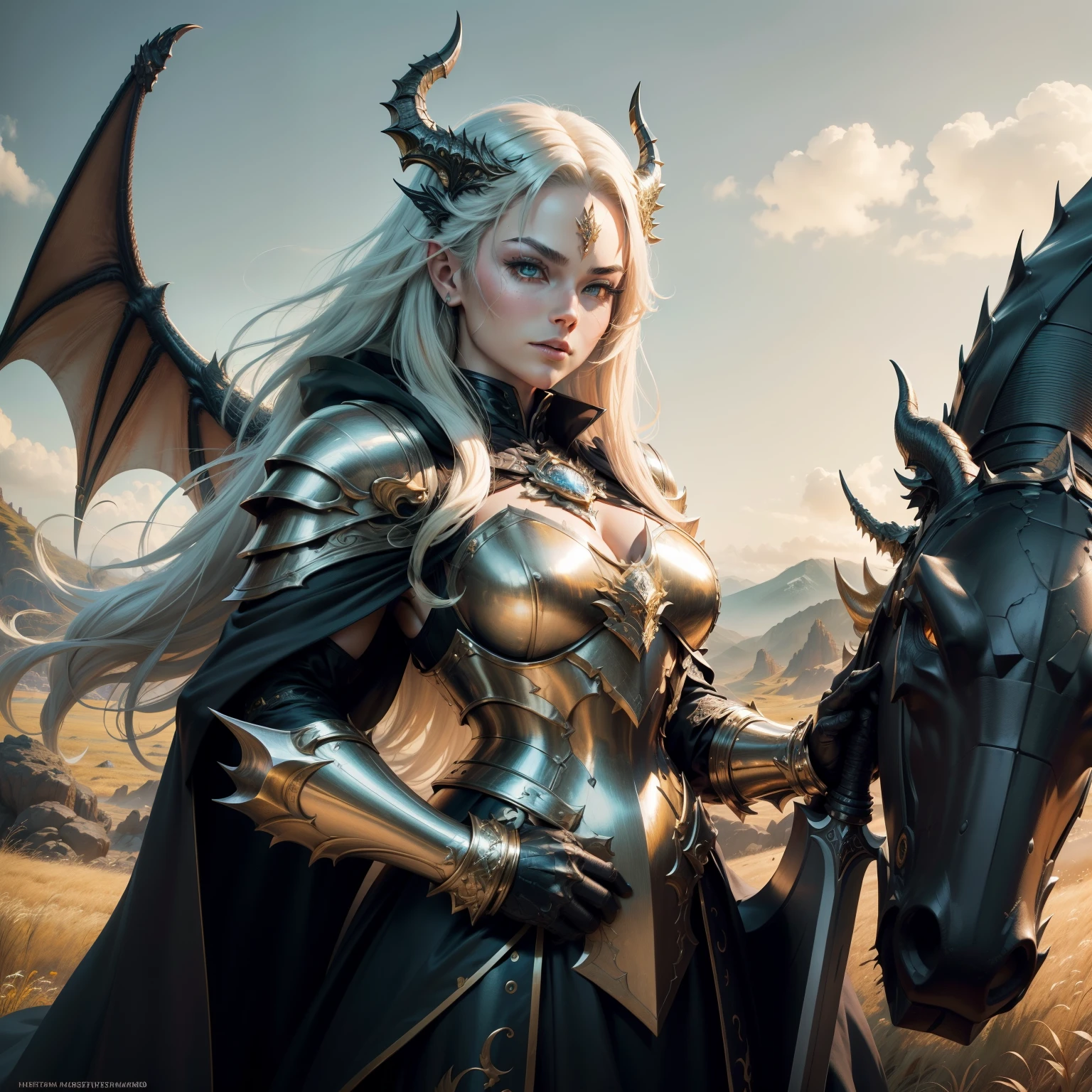 Amazing resolution、hight resolution、(masterpiece:1.4)、ultra-detailliert、vivid details、muscularwoman、queen of dragons、Upper body view、Let your golden hair flow、wear silver armor、black cloak、with a big ax in hand、Grassland scenery where dragons rampage