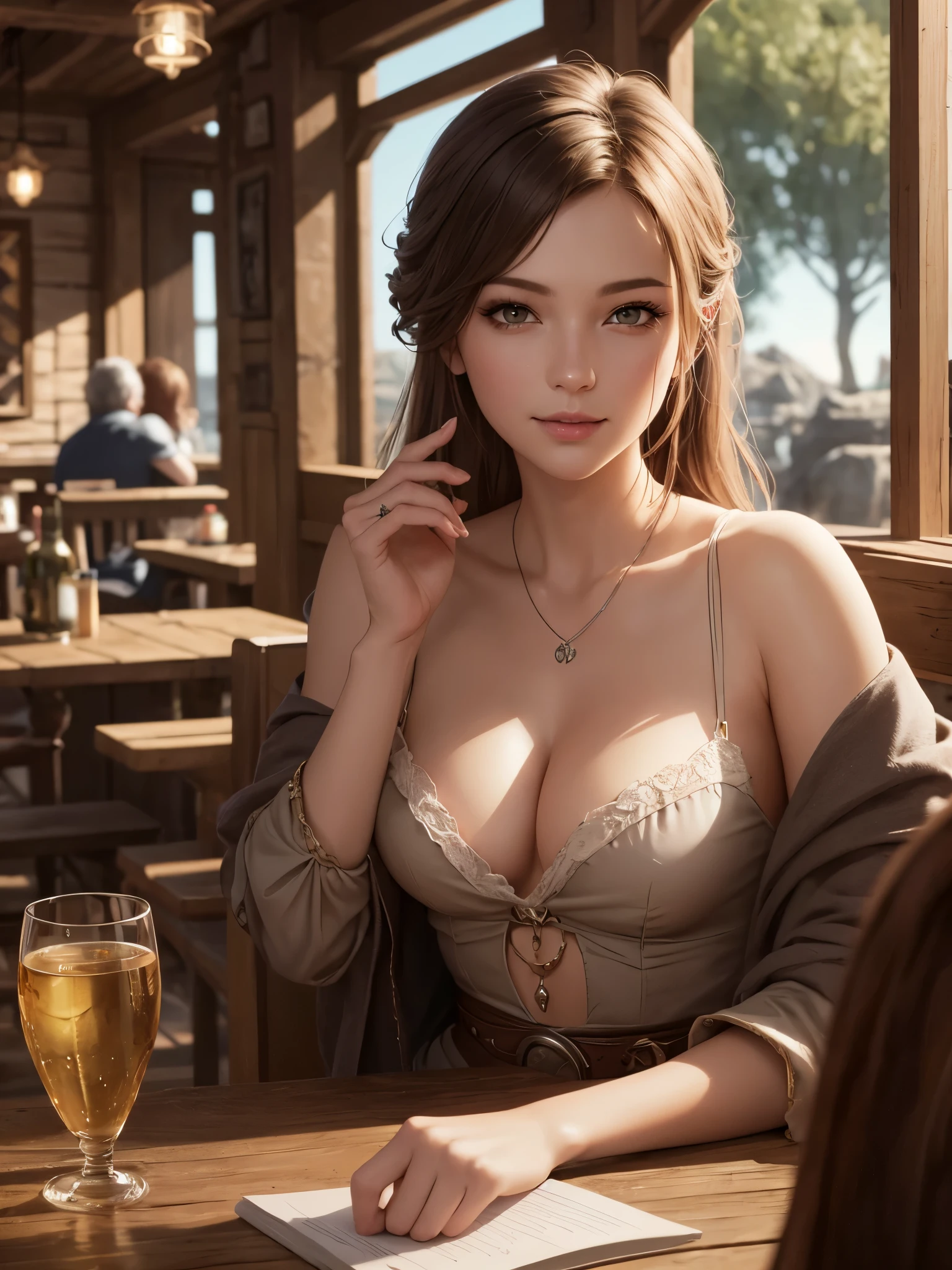 Extremely detailed CG, Ultra detailed, beautiful, masterpiece, Best quality, 8K, wallpaper, unity, Unreal engine, Concept art, solo, 1girl, Looking at the viewer, Beautiful woman, Mature female, In the rustic tavern, sitting, Gentle smile, In the foreground table, fantasy, Volumetric lighting, Intricate details