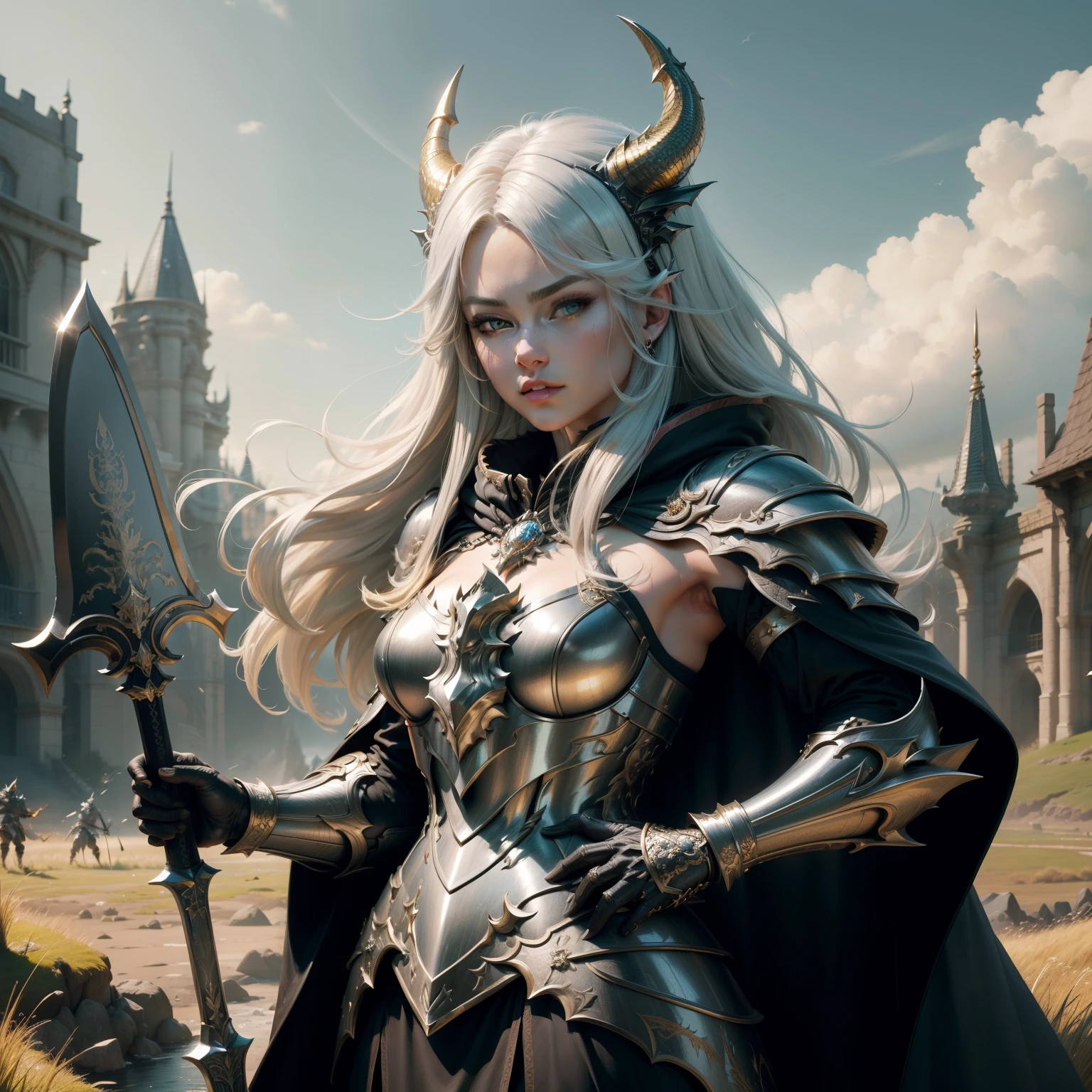 Amazing resolution、hight resolution、(masterpiece:1.4)、ultra-detailliert、vivid details、muscularwoman、queen of dragons、Upper body view、Let your golden hair flow、wear silver armor、black cloak、with a big ax in hand、Grassland scenery where dragons rampage