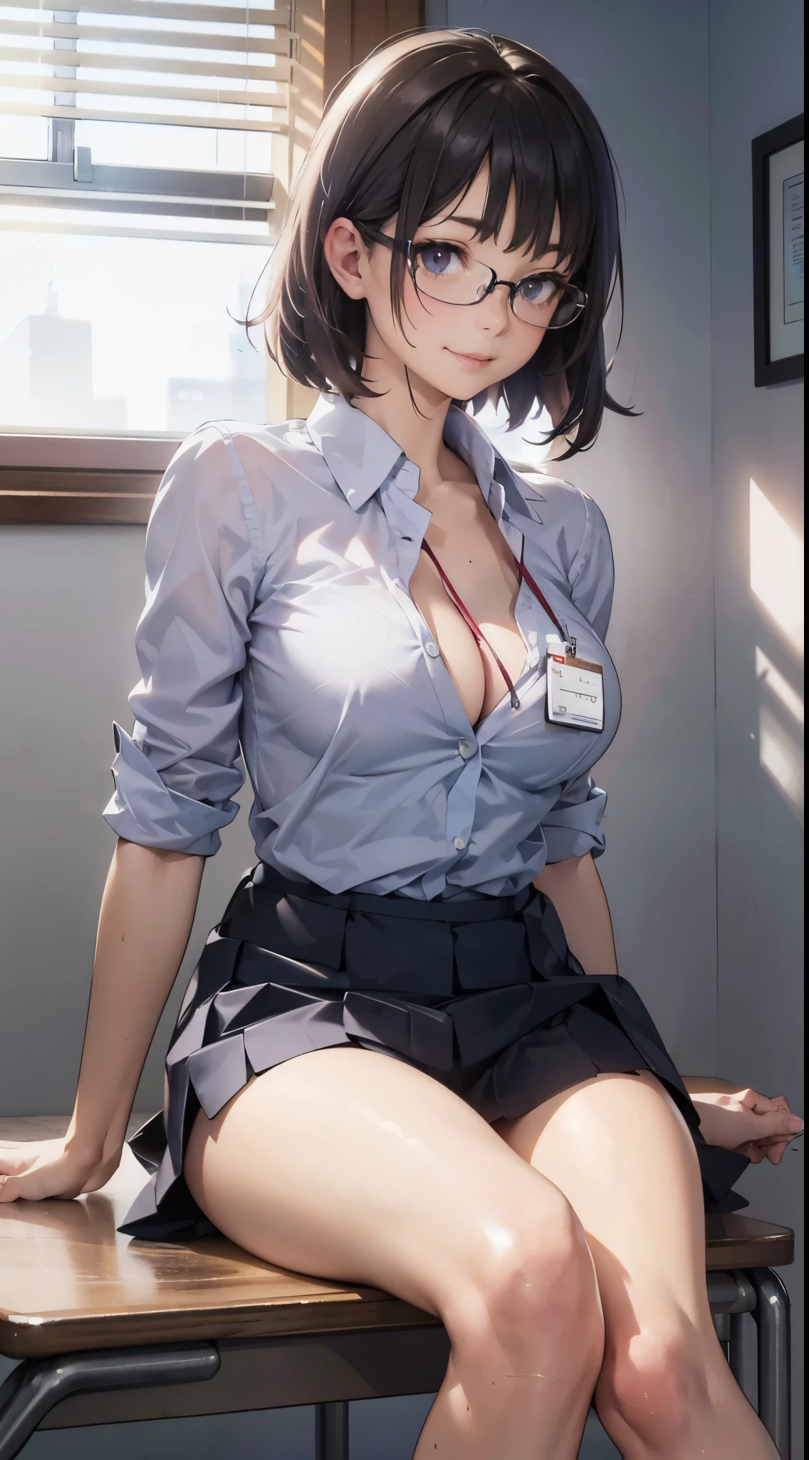NSFW, (Official art、Best Quality、Unity 8k Wallpapers、32K、masterpiece、ultra-detailliert、超A high resolution、realisitic、Photorealsitic:1.2)、(natural soft light:1.2)、Fireglow effect、The grainiest shadow of the film、side lights、sideshot、(ultra-detailliertで複雑な3Dレンダリング)、Detailed beautiful face and eyes、sharp pupils、Realistic pupils、middlebreasts、Smile、high-heels、Woman in skirt and shirt sitting on desk, Office Clothes, on desk, on deskに座る, on deskに座っている,bent at the knees、Opening legs、open your legs、pantie shot、 wearing business casual dress, A sexy、business clothes, In the office, wearing a suit and glasses, Fully dressed, business outfit, embarrassed from, A slight smil、Business attire、cleavage of the breast、A sexy、