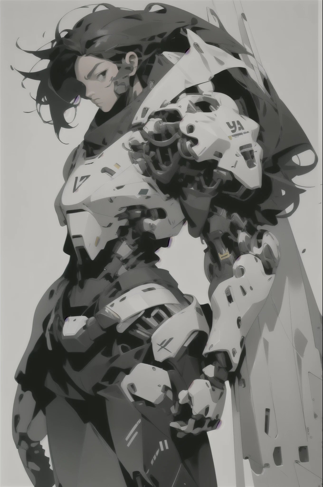 1 woman inside a huge bulky exoskeleton robot , ((bulky)) armor, mecha,
ink, clean lines, negative space, high contrast, gradient color,