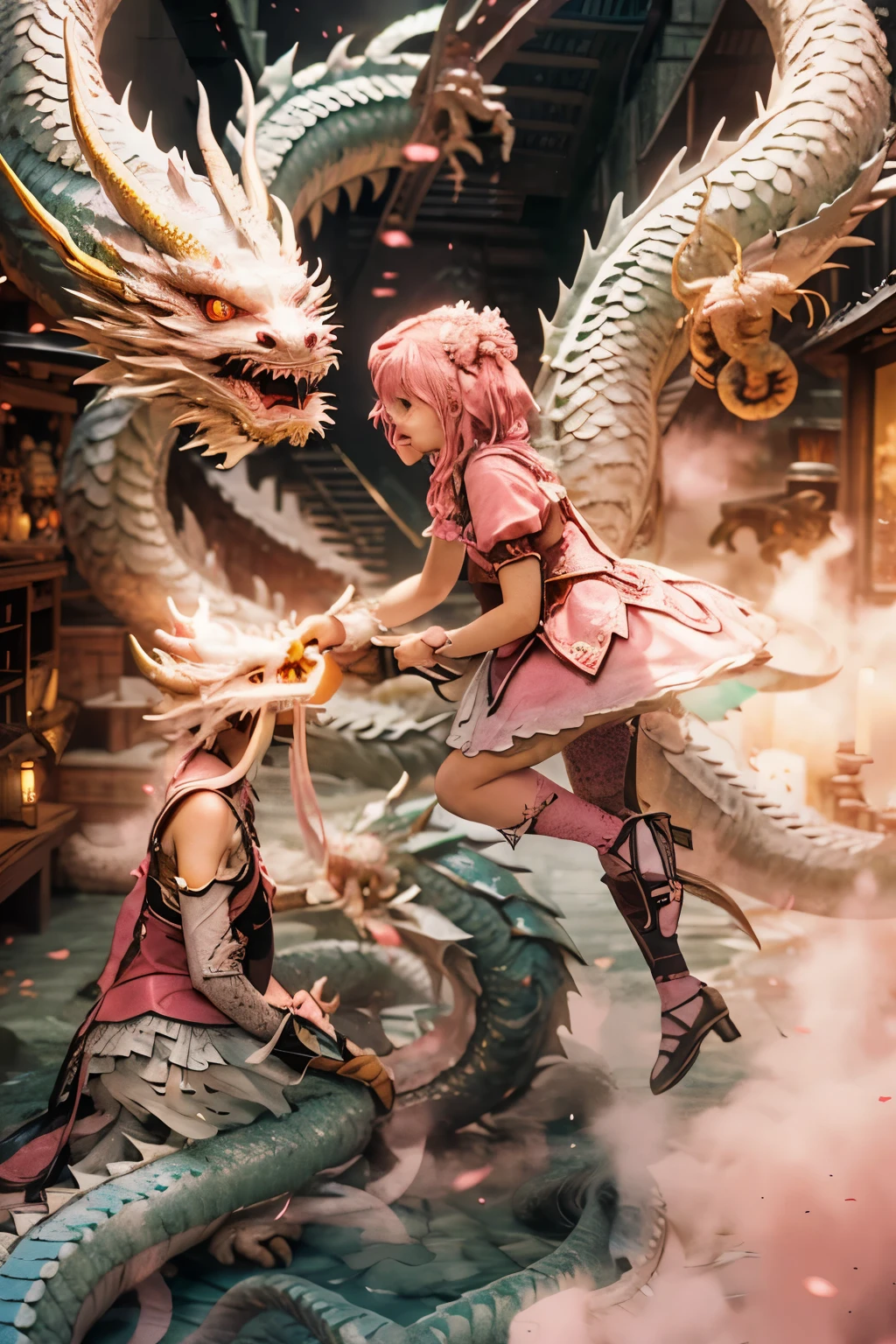 dragon_real,(Extremely detailed CG unified 8k wallpaper,tmasterpiece, Best quality at best, ultra - detailed, 美丽细致的眼睛:1.2),best lighting, (best shadow, extremely delicate and beautiful, bloom),the girl was surrounded by dragons,
(2 pink girls:1.4),, alone,full bodyesbian,back tattoo,white dress,(color dragon:1.4),just play,long skirt,