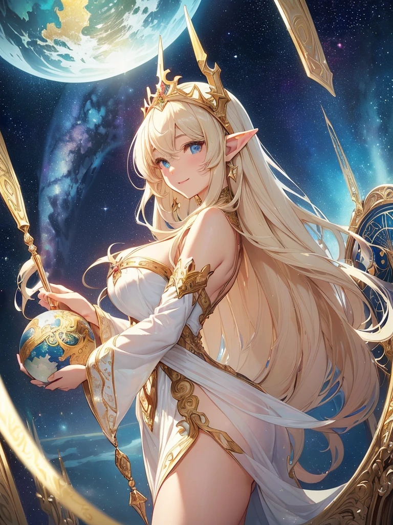 top-quality、Top image quality、masterpiece、Super beautiful elf beauty((22 years old OL big bust、Bust 90,beautiful long ironed hair、a blond、globe、、A slender、Close-up、Esbian、beautiful tiara、High quality、beautiful art、Background with((starrysky)))masutepiece、visual art、Depth of the bounds written、low angle of morning sky、、Elven ears、、light magic、Space Knight、harp melody🎵、Happy smile、Gentle light、、Beautiful legs that are gentle on the skin、、、Number of fingers to achieve precise finger movements、ticker beautiful decorative dress、elegent、Mystical Rosa、 Heaven、Marble pillars, beautiful dressy、magnificent marble dome、Huge galaxy、religious painting、holding the earth、Temple of Time、Great watch、hour glass、sundial、moment of creation!myth、alphonse mucha art、art noveau、byzantine art、folding screen picture、gold foil、Raphael's paintings、Renaissance art、Giant White Dragon、The dragon