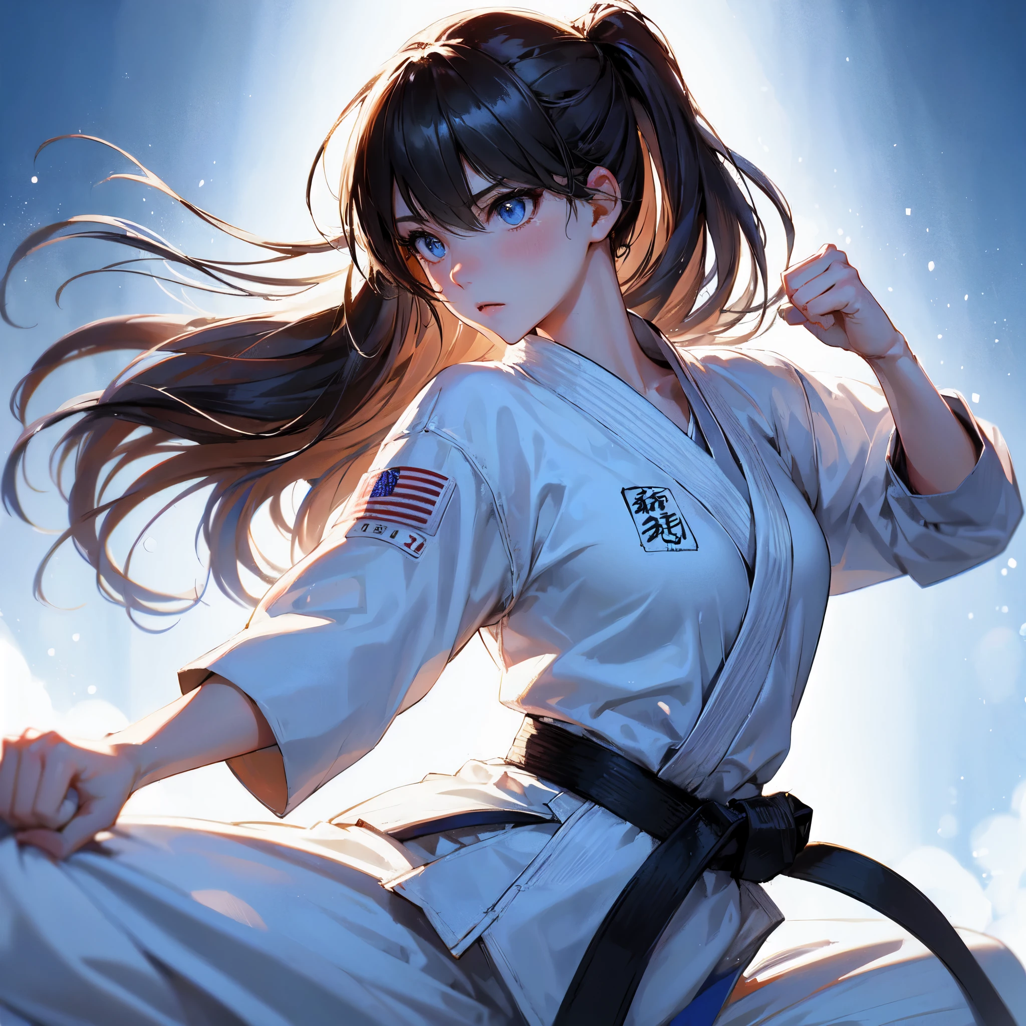 high quality,hd,16k,1girl,female karate athlete,white kimono,cute face, large breasts, slender body, delicate body, sweat,light clothing, in karate venue,focus girl,detailed beautiful face,detailed clothes,beautiful eyes,cool