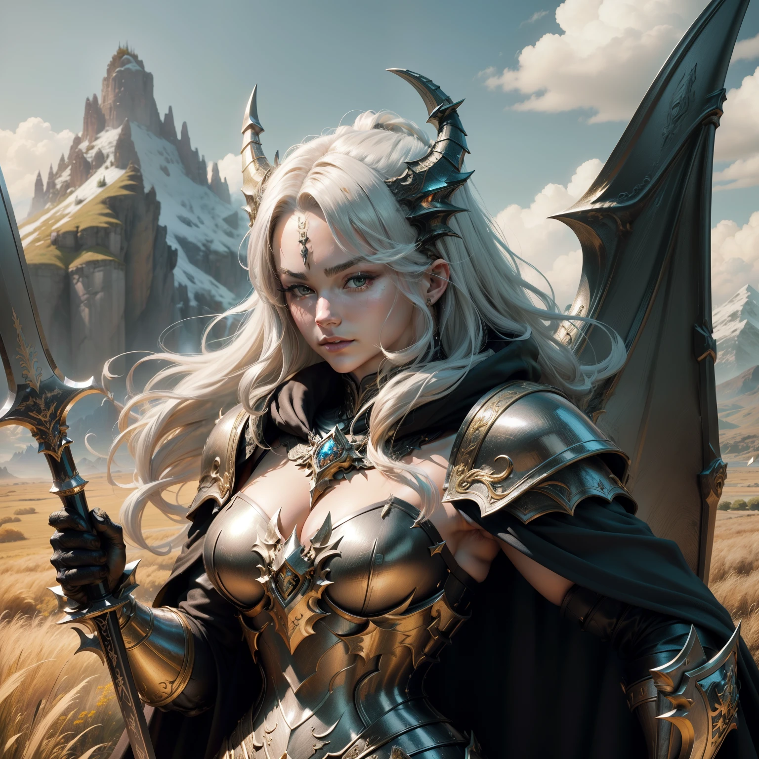 Amazing resolution、hight resolution、(​masterpiece:1.4)、ultra-detailliert、vivid details、muscularwoman、queen of dragons、Upper body view、Let your golden hair flow、wear silver armor、black cloak、with a big ax in hand、Grassland scenery where dragons rampage