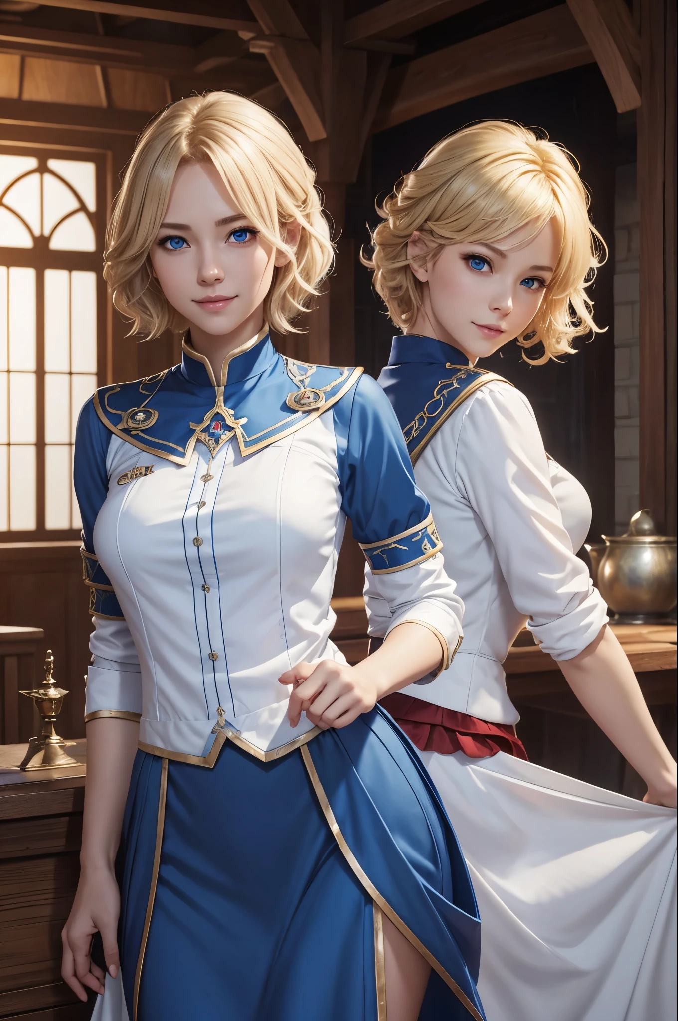 8K、A woman wearing a blue and white guild staff uniform is taking the photo.、smooth CG art、shiny white skin、8k high quality detailed art、Photorealistic anime girl rendering、Fan art best art station、The character is in her natural pose、Beautiful attractive receptionist woman、elegant smile pose、smooth digital concept art、highly detailed characters、white shiny skin、fantasy art、Adventurer's Guild Counter、character art、blonde short perm hair、slim muscular body、red and white frill skirt、skinny macho、guild staff uniform、超A high resolution、A hyper-realistic、split ag blue eyes,
