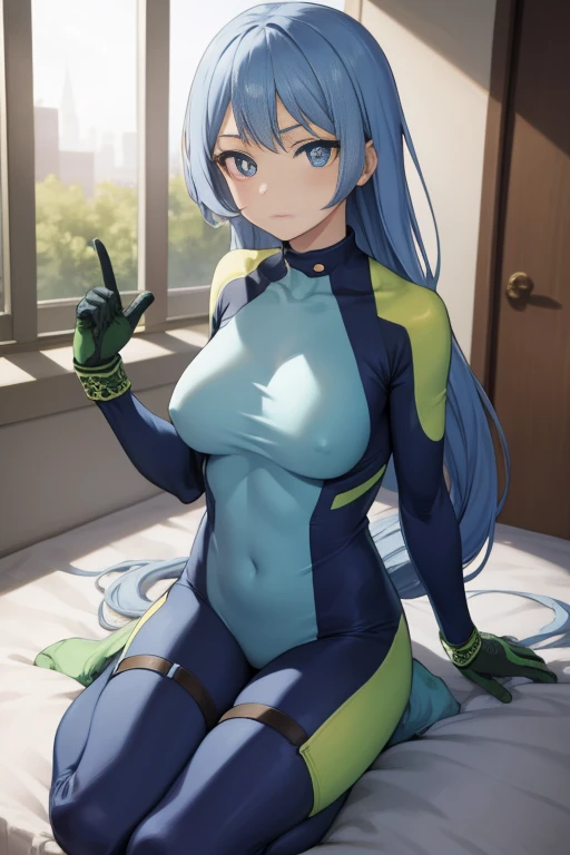 Nejirehadu, Nejire Wave, blue eyes, Blue hair, Long hair,
BREAK blue body suit, body suit, Drill Hair, gloves, green body suit, multicolored body suit, multicolored clothes, yellow gloves,
BREAK looking at viewer, Full body,
BREAK indoors, crass room,
BREAK (masutepiece:1.2), Best Quality, High resolution, Unity 8k壁纸, (Illustration:0.8), (Beautiful detailed eyes:1.6), extra detailed face, perfect writing, extremely details CG, (perfect hand, perfect anatomy),
