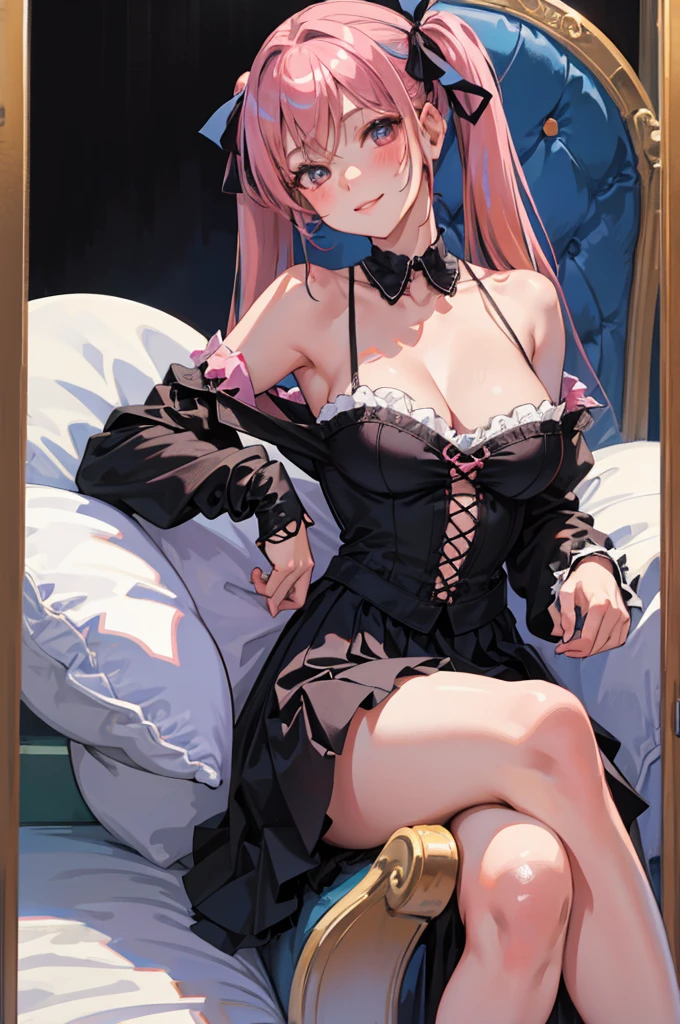 child,(masterpiece,Highest Quality),Black ta Clothes,shortsleeves,a miniskirt,A dark-haired,Black walls(looking at viewer:1.2), BREAK,
(1girl:1.2), (solo:1.0), (sitting:1.0), (large breasts:1.0), (blush:1.0), (smile:1.0), (pink hair:1.2), (thighhighs:1.0), (red ribbon:1.0), (hair ornament:1.0), (cleavage:1.0), (bare shoulders:1.1), (twintails:1.2), (sitting:1.0), (collarbone:1.1), (microskirt:1.0), (head tilt:1.0), (egirl clothes:1.0), EGirlMakeup, BREAK,
(masterpiece:1.4), (beautiful and aesthetic:1.4)