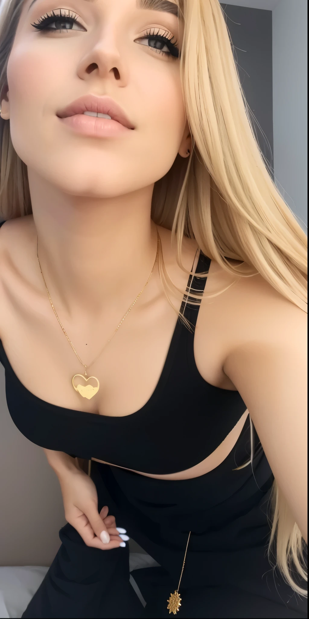 blonde woman with a colar and black top posing for a picture, attractive neck, neck zoomed in, umbigo aparecendo, wearing several pendants, usando uma corrente, clivagem, neck zoomed in from lips down, usando uma corrente de ouro, her belly button is exposed, colar, forming a heart with the neck, usando corrente de ouro, usando gargantilha, wearing a bra