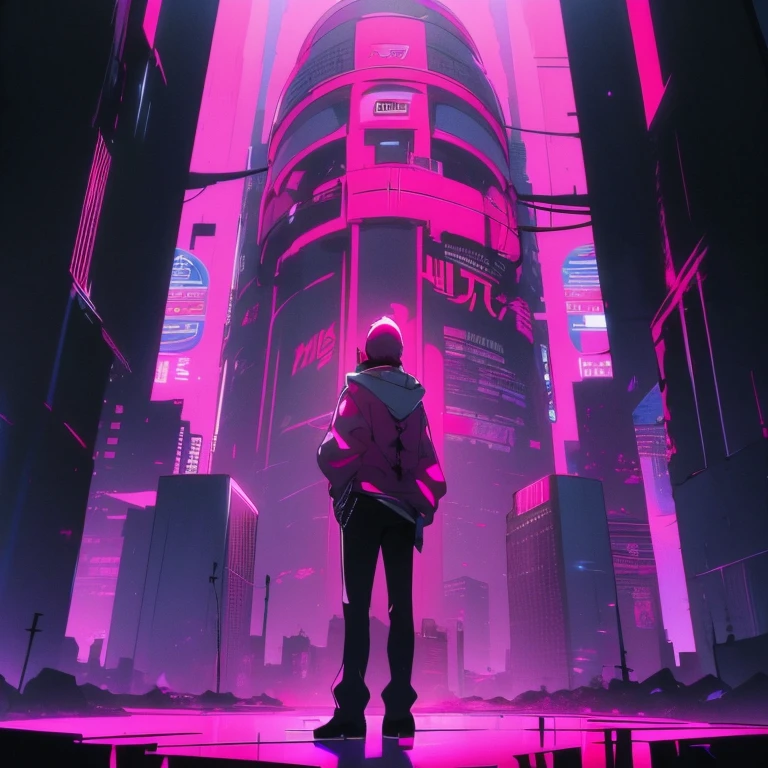 (shortcut), (Two-block hair), (vivid pink hair), (male character), (Red Eyes), (Cool pose), (of the highest quality), (masterpiece), (ultra-detailliert), (Oversized hoodies), (Street), (neons), (Modern City), (neonsデイライト), (Cinematic), (Stylish), (hight resolution), (Hyper Detailed), (Looking at the camera), (Anime-style), (Softtown), (nightcore), (a handsome man), (Listening to music through headphones), (natural appearance of the building), (casual), (ig studios anime style), (Standing Pose), (Camera from low angle), (Prayer Pose),