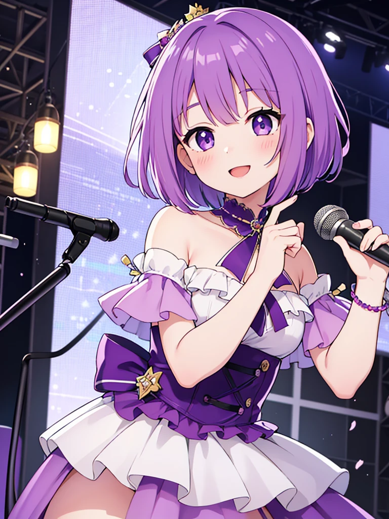 ​masterpiece, top-quality, 1girl in, short hair, , Purple hair、Purple eyes、Idol type、cute purple dress、ハート型のkirakiraした目、a smile that charms you、Hold the microphone with both hands、kirakira.