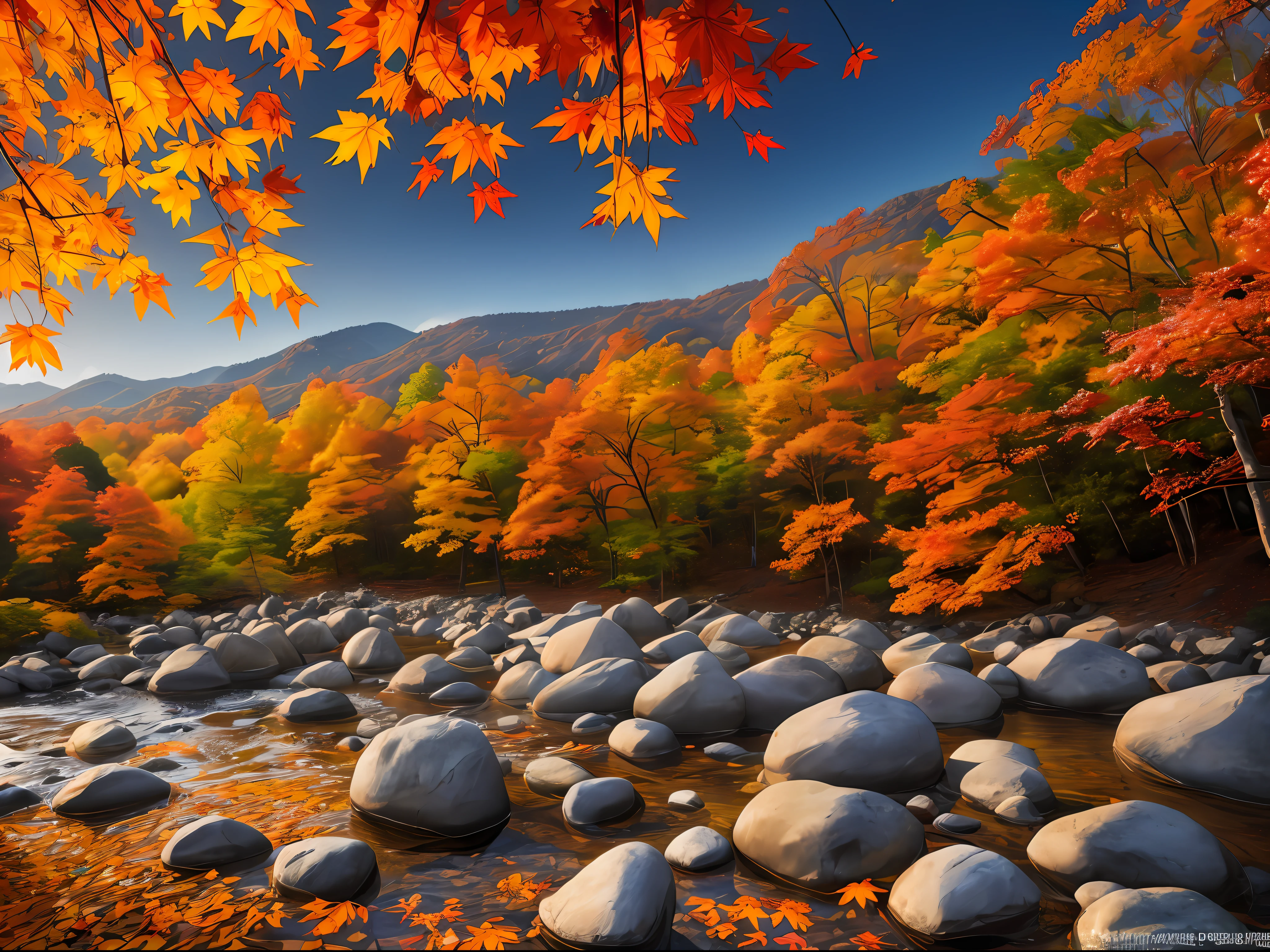 ((top quality, 8K, masterpiece, photorealism, RAW photo, best quality)), pile of rocks in the middle of the leaves, orange rock, Karuizawa, autumn forest, autumn leaves in the foreground, Japanese maple, autumn calm, dramatic autumn landscape, autumn foliage, rocks, maple with autumn leaves, autumn colors, impressive composition, ultra-realistic, high definition, realism, realistic photos, professional color correction, Canon EOS 5D Mark, taken with IV --auto --s2