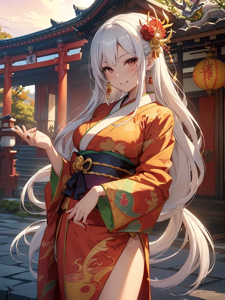 top-quality、Top image quality、Dagashi Teru Piece、Super beautiful Japanese beauty((24-years-old、Japan kimono、Best Bust、big bast、Bust 90,beautiful long ironed hair、silver hair、white hair、Kanzashi、A slender、Close-up、Esbian、Beautiful Japan hair、Kanzashi、High quality、beautiful art、morning、Superb Piece、visual art、Depth of the bounds written、Low - Angle、devil of light、Happy smile、Gentle light、、Beautiful legs that are gentle on the skin、、、Number of fingers to achieve precise finger movements、ティッカーBeautiful decoration、elegent、Mystical、Beautiful decoration,Japan Kimono 1.3,、japanese art on behance、shenronの模様、shenronの装飾、Dragon Decoration、、ink and watercolor painting、screen、gold foil、神shenron、New Year、Happy New Year⛩、sunrises、morningの瞬間、cute shenron、shenron、formal clothes、handheld mini dragon　朝のsunrises、Visiting the shrine、is standing、Mare、Fuji Mountain