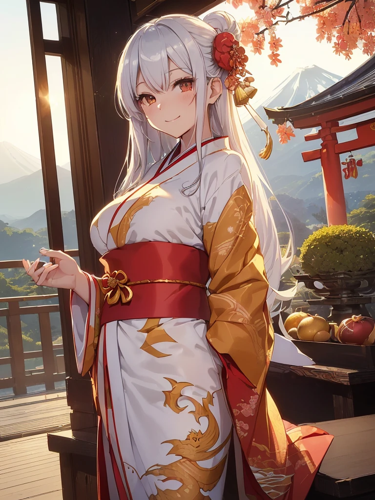 top-quality、Top image quality、Dagashi Teru Piece、Super beautiful Japanese beauty((24-years-old、Japan kimono、Best Bust、big bast、Bust 90,beautiful long ironed hair、silver hair、white hair、Kanzashi、A slender、Close-up、Esbian、Beautiful Japan hair、Kanzashi、High quality、beautiful art、morning、Superb Piece、visual art、Depth of the bounds written、Low - Angle、devil of light、Happy smile、Gentle light、、Beautiful legs that are gentle on the skin、、、Number of fingers to achieve precise finger movements、ティッカーBeautiful decoration、elegent、Mystical、Beautiful decoration,Japan Kimono 1.3,、japanese art on behance、shenronの模様、shenronの装飾、Dragon Decoration、、ink and watercolor painting、screen、gold foil、神shenron、New Year、Happy New Year⛩、sunrises、morningの瞬間、cute shenron、shenron、formal clothes、handheld mini dragon　朝のsunrises、Visiting the shrine、is standing、Mare、Fuji Mountain