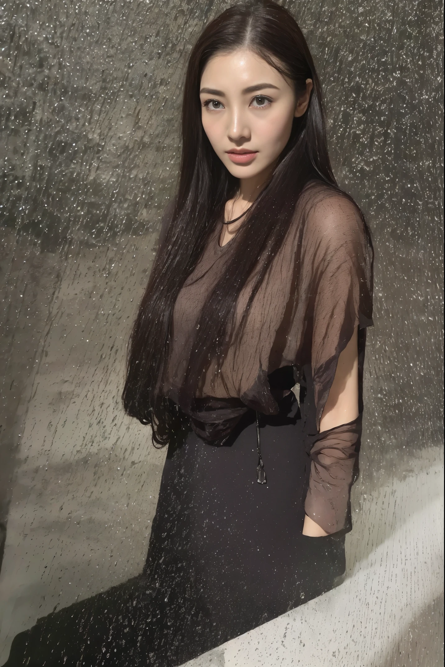 (best quality, 4K, tmasterpiece :1.Beautiful woman, 1 girl, (, attractive body :1.2), Abs :1.1, dark brown hair: 1.1, (rainy wet, 被雨Drenched, Drenched :1.2),scantily clad,Very rich facial details, detailed lips, 詳細な目, double eyelids