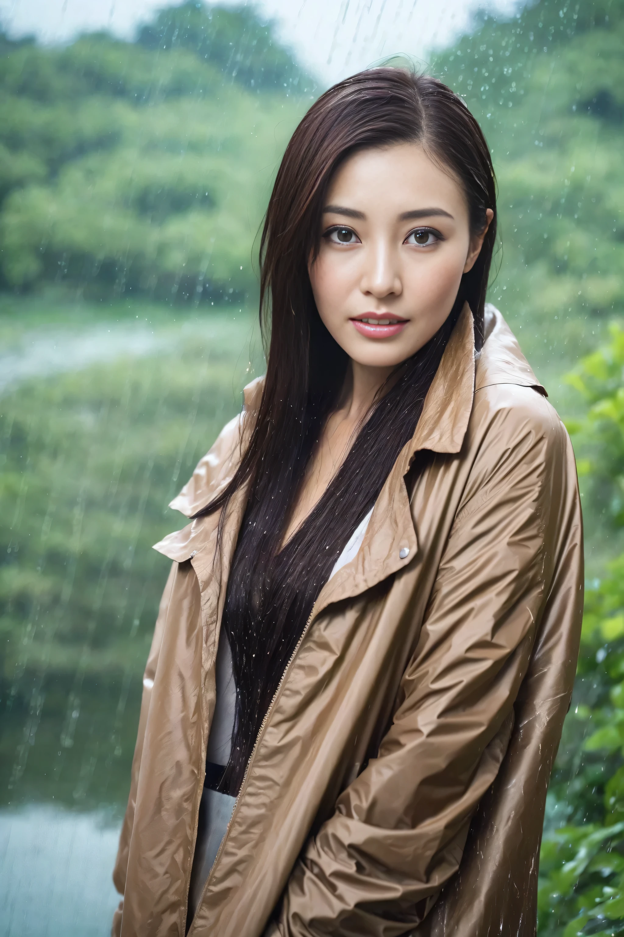 (Best quality at best, 4k, tmasterpiece :1.Beutiful women, 1 girl, (, attractive body :1.2), Abs :1.1, dark brown hair: 1.1, (rainy wet, 被rainy wet透的, soaked pubic hair :1.2),scantily clad，The face is very detailed, delicate lips, 詳細な目, double eyelids