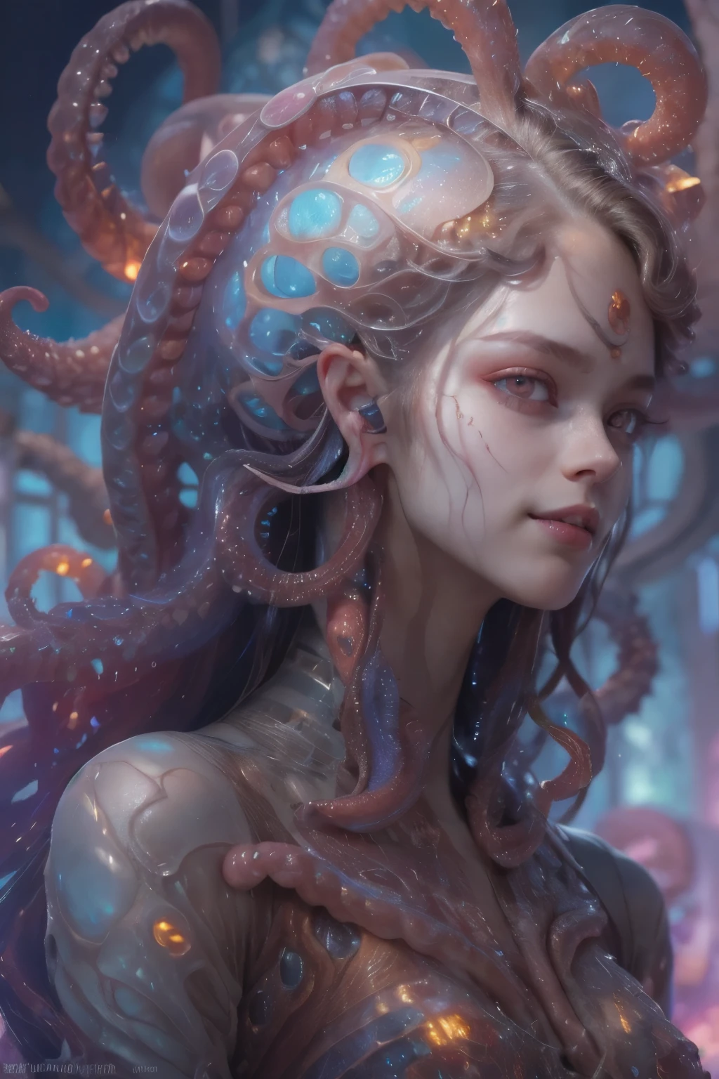 Portrait, (beautiful female alien:1.2), (she has red eyes with no pupils:1.8), (Translucent skin:1.7), (There is a female genital-like organ in the middle of the forehead.:1.9), (The most beautiful face in the history of the universe:1.2),an evil gaze that seduces, (large mouth:1.1), (sharp teeth like a vampire:1.2), Full body like, (bio luminescent:1.5), (Smile wickedly:1.3), (sexypose:1.5), alien, No humans, cells are fused, (Lots of translucent tentacles:1.3) extraterrestrial, cell, bio image, Best Quality, 8K,4K_quality, High Definition, Dramatic Lighting, masutepiece:1.5,cinematic quality, detail up, (Intricate details:1.2), High resolution, High Definition, drawing faithfully, (Thick eyebrows:1.2), Beautiful eyes with fine symmetry,(Highly detailed face and eyes:1.2), Intimate face, (Super detailed skin quality feeling:1.4), Perfect Anatomy, (Beautiful toned body:1.5), (Moist skin:1.2), No makeup, (dark circles:1.1), long canines, cinematic drawing of characters, ultra high quality model, cinematic quality, detail up, (Intricate details:1.2), High resolution, High Definition, drawing faithfully, Official art, Unity 8K wall , 8K Portrait, Best Quality, Very High resolution, ultra detailed artistic photography, midnight aura, unreal enginee 5, Ultra Sharp Focus, art by alberto seveso, ArtGerm, Roisch, intricate artwork, best quality, masutepiece, ultra High resolution, (photos realistic:1.4), Ultra-realistic realism, dream-like, rainbow colored nautilus, Creation of fantasy, Snail, Dream Snail, (Biopunk Nautilus:1.3), Thrilling color schemes, Ultra-realistic realism, seductively smiling, Blue tentacles,