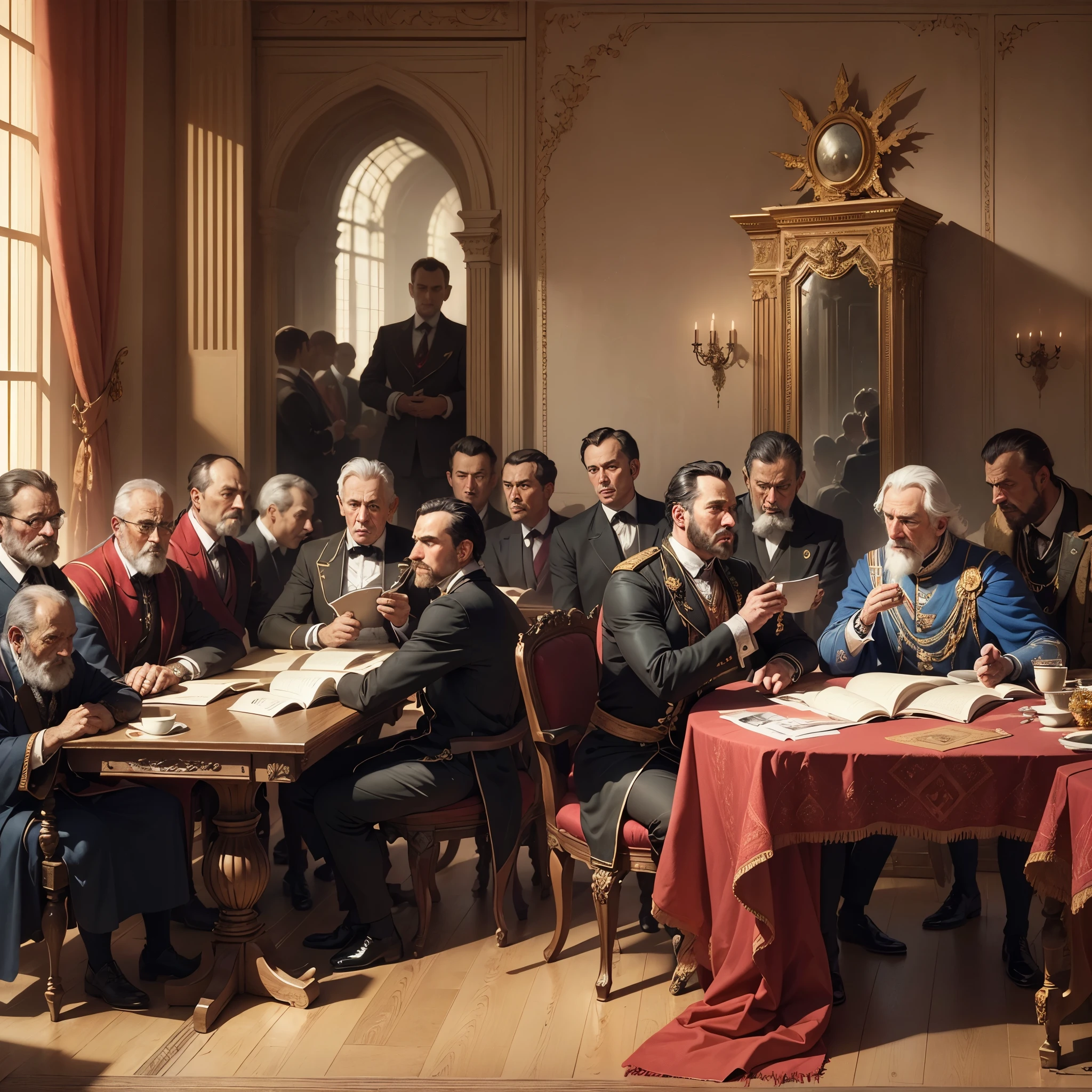 a large group of  european aristocrates, only men, sitting in an imperial coffee house on a long table, reading books, drinking only coffee, lustre, portraits of rulers in the background, dark theme, realistic  --auto --s2