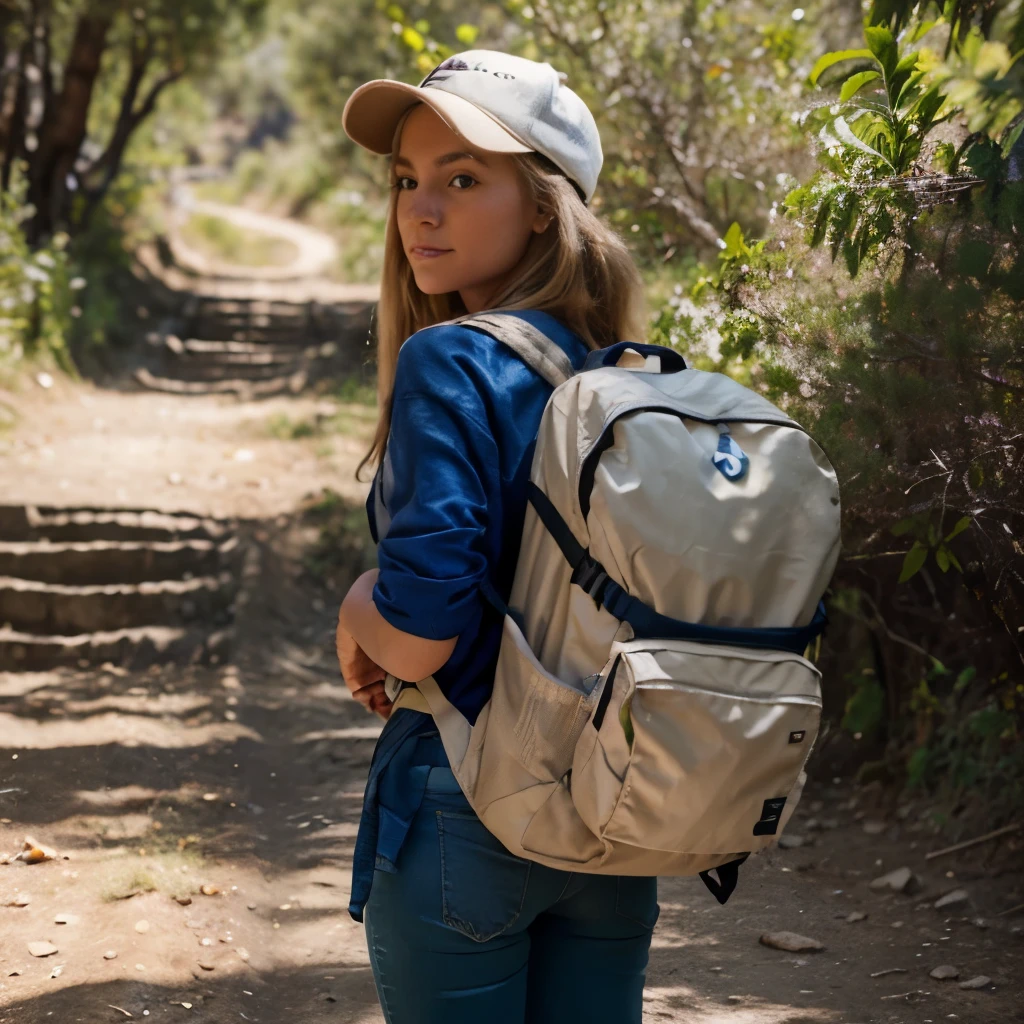 Young Women is backpacking in Chile, she is from europe and blond, its hot outside, she wears long pants, barefoot, on a trail, 8k, ultrarealistic, perfect texture, fullbody, carrying a backpack, 60s girl