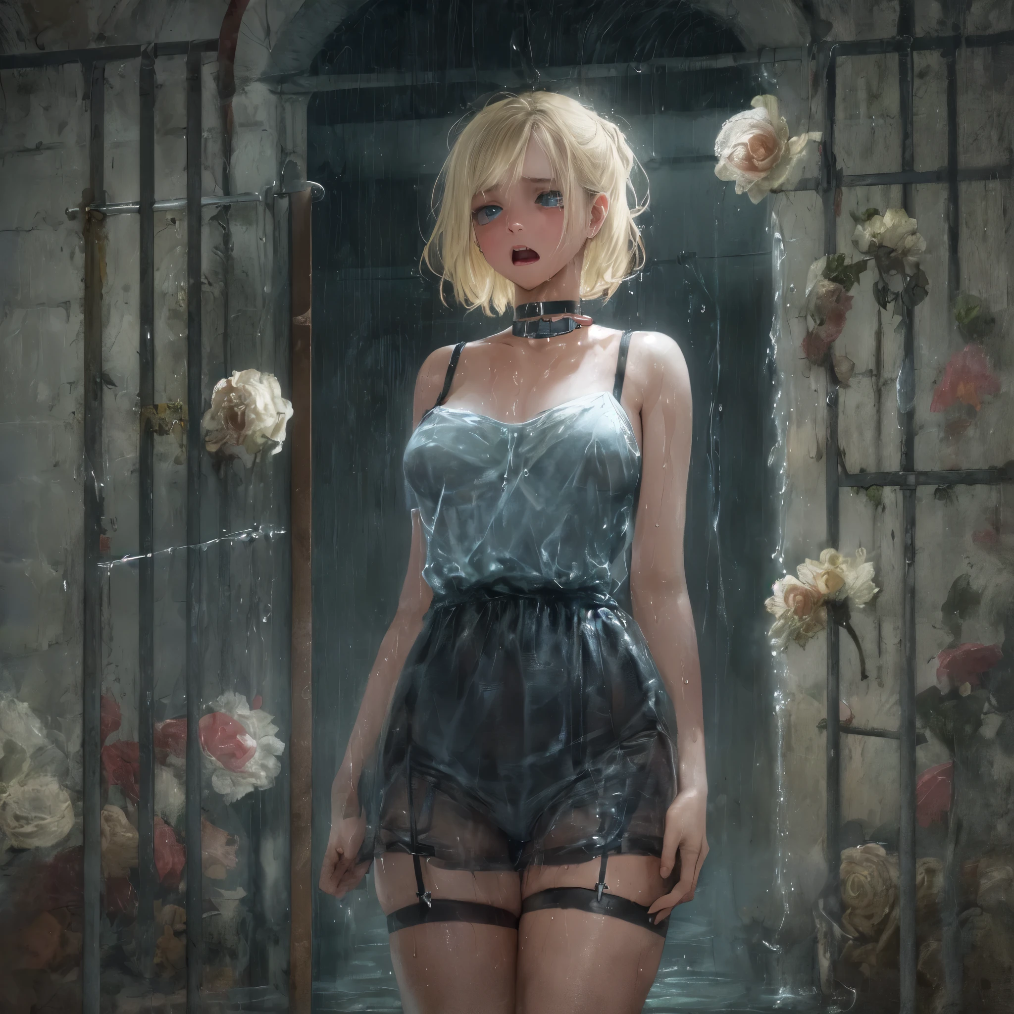 masterpiece, best quality,dutch angle,full body,realistic(painting style,nsfw(1girl, solo),amelia watson,blonde hair, blue eyes, choker, short hair, realistic eyes,wet clothes,translucent,transparent,dripping,negligee,garter belt,socks,embarrassed,standing,holding flower,pison,Prison,gaol,underground,dark,