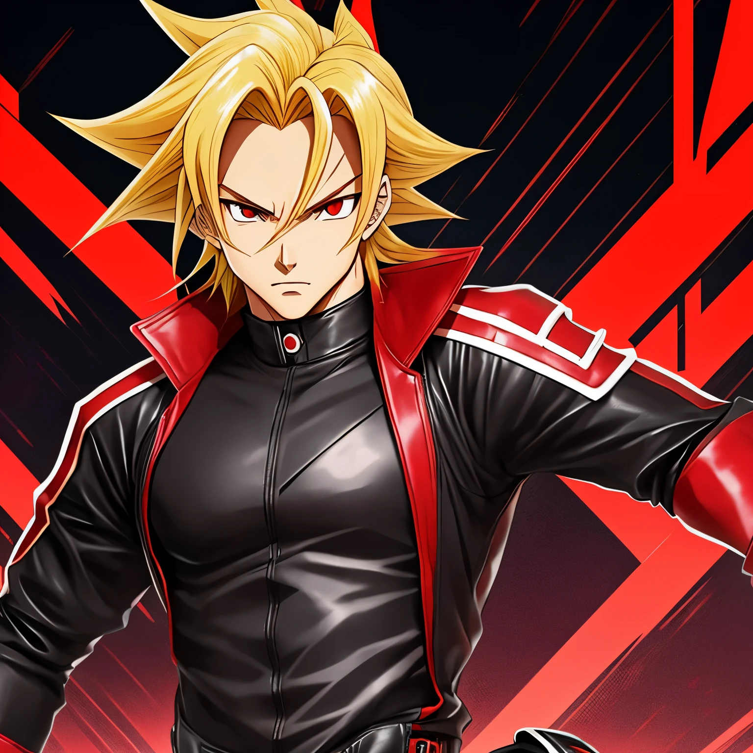 Yugioh anime style tan-Skinned Man with all blonde hair  and red eyes. He wears black compression shirt underneath a cropped leather red and black jacket. Wearing also a black jeans and red and black sneakers, with red goggles on his forehead.