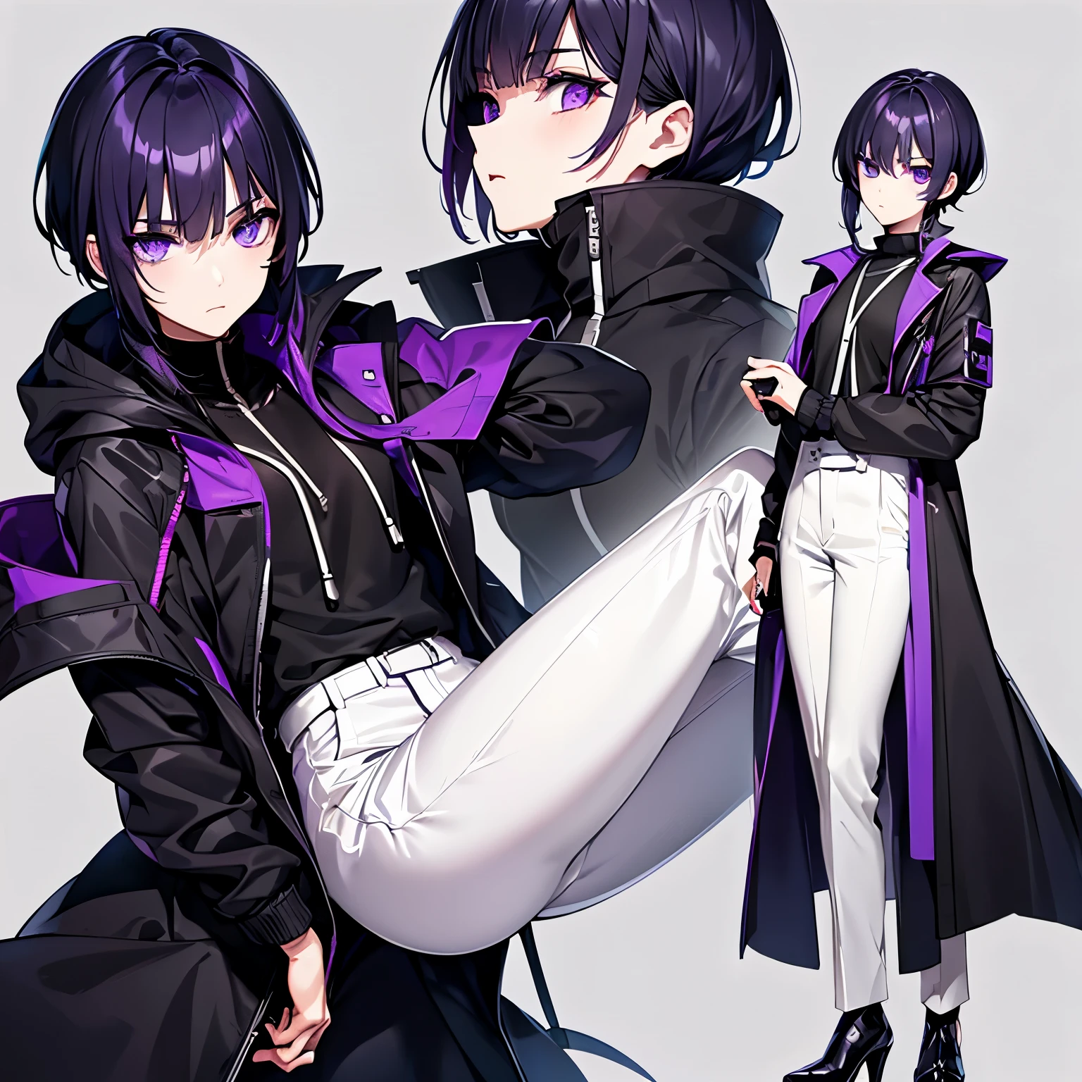 A detailed face、tech wear、slender man、20 year old male、purple and black inner color hair、purple eyes、cool face、thick eyebrows、black, white and a little orange clothes、slim pants、holding a thin Japanese sword、high-heels、detailed abs