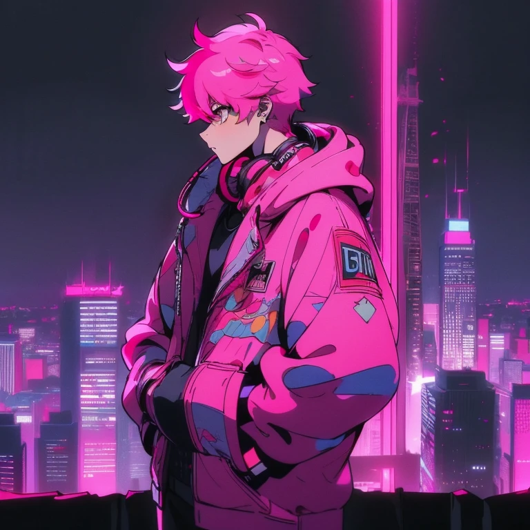 (shortcut), (Two-block hair), (vivid pink hair), (male character), (Red Eyes), (Cool pose), (of the highest quality), (masterpiece), (ultra-detailliert), (Oversized hoodies), (Street), (neons), (Modern City), (neonsデイライト), (Cinematic), (Stylish), (hight resolution), (Hyper Detailed), (Looking at the camera), (Anime-style), (Softtown), (nightcore), (a handsome man), (Listening to music through headphones), (natural appearance of the building), (casual), (ig studios anime style), (Standing Pose), (Camera from low angle), (Prayer Pose),