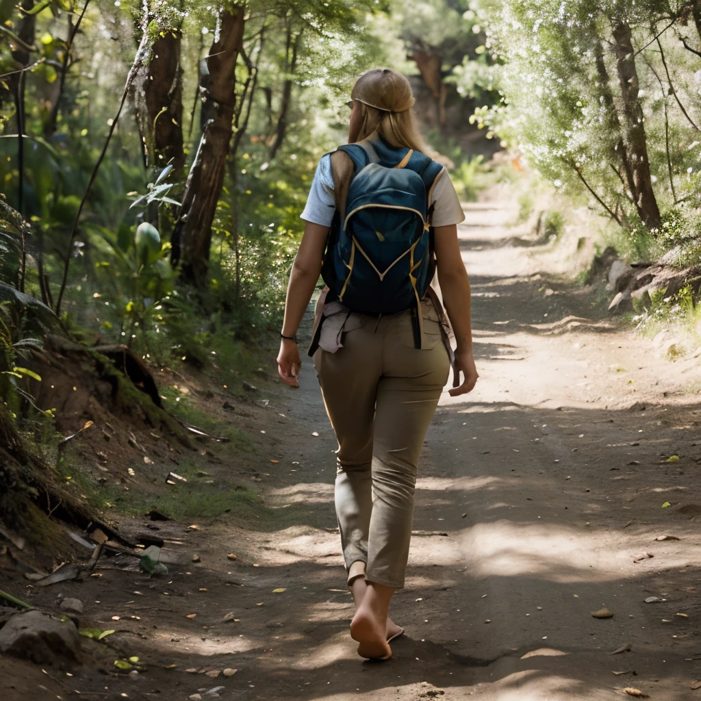 Young Women is backpacking in Chile, she is from europe and blond, its hot outside, she wears long pants, barefoot, on a trail, 8k, ultrarealistic, perfect texture, fullbody, carrying a backpack, 60s girl, flowerpower, walking without shoes