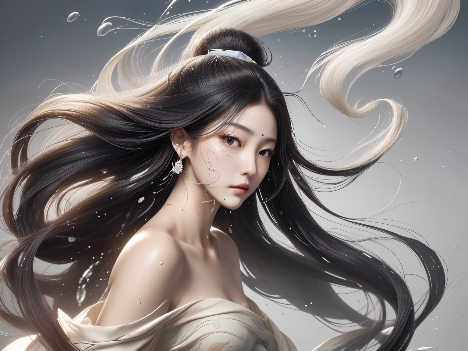 ancient wind,sideface,floated hair,Long hair that spreads out,美丽的sideface,exquisite facial featurequisite and gorgeous hairpin,Splash ink art,Rich layering