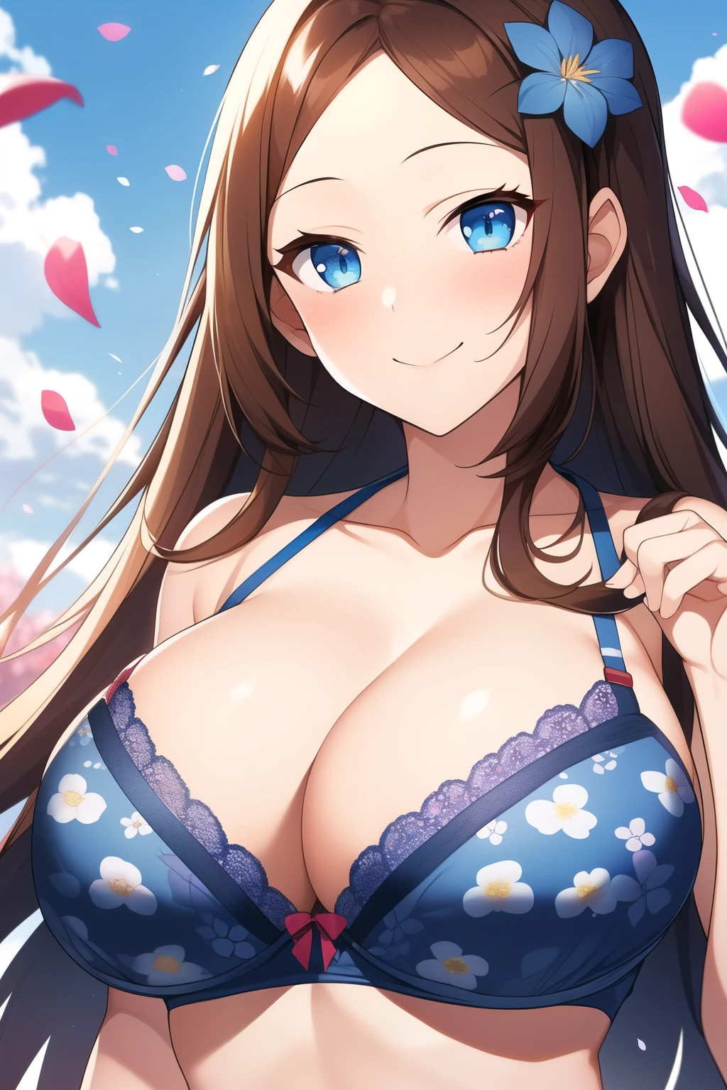 ((ベストクォリティ)), ((マステピース)), (詳細なオッパイ), 完ぺきな顔, 1girl, extremely beautiful detailed red long hair, center parted bangs, forehead, extremely detailed beautiful face and blue eyes, huge breasts, cleavage, smile closed mouth, upper body, (extremely beautiful detailed blue floral print bra:1.1), flower hair ornament, blue sky, petals,