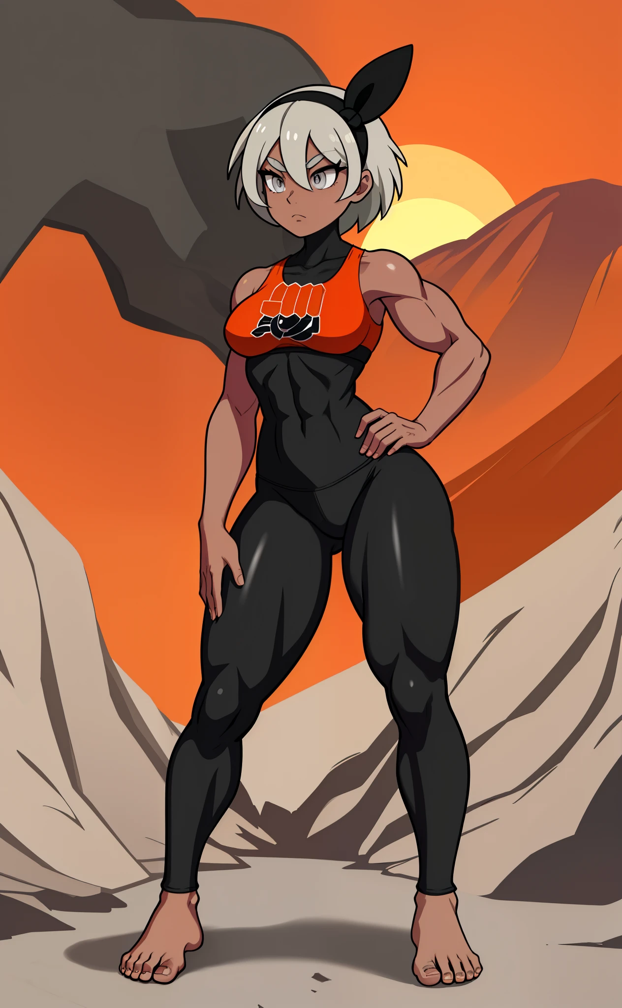 [bea], [pokemon], [uploaded to e621.net; (napalm_express)], ((masterpiece)), ((HD)), ((high res)), ((solo portrait)), ((full body)), ((front view)), ((feet visible)), ((detailed shading)), ((beautiful render art)), ((intricate details)), {anime girl; (dark-toned skin), (cute grey eyes), (short eyelashes), short white hair, (curvy hips), (defined muscles), (beautiful muscular legs), (beautiful feet), (expressionless)}, (black yoga bodysuit with orange stripes), (yoga pants), (black hairband)}, {(standing), (looking in the distance)}, [background; (grass plains), (mountains), (fog), (blue sky), (sunset), (sun rays), (pink and orange sky)]