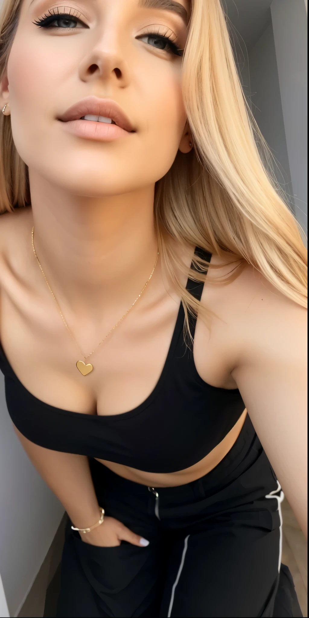blonde woman with a colar and black top posing for a picture, attractive neck, neck zoomed in, umbigo aparecendo, wearing several pendants, usando uma corrente, clivagem, neck zoomed in from lips down, usando uma corrente de ouro, her belly button is exposed, colar, forming a heart with the neck, usando corrente de ouro, usando gargantilha, wearing a bra