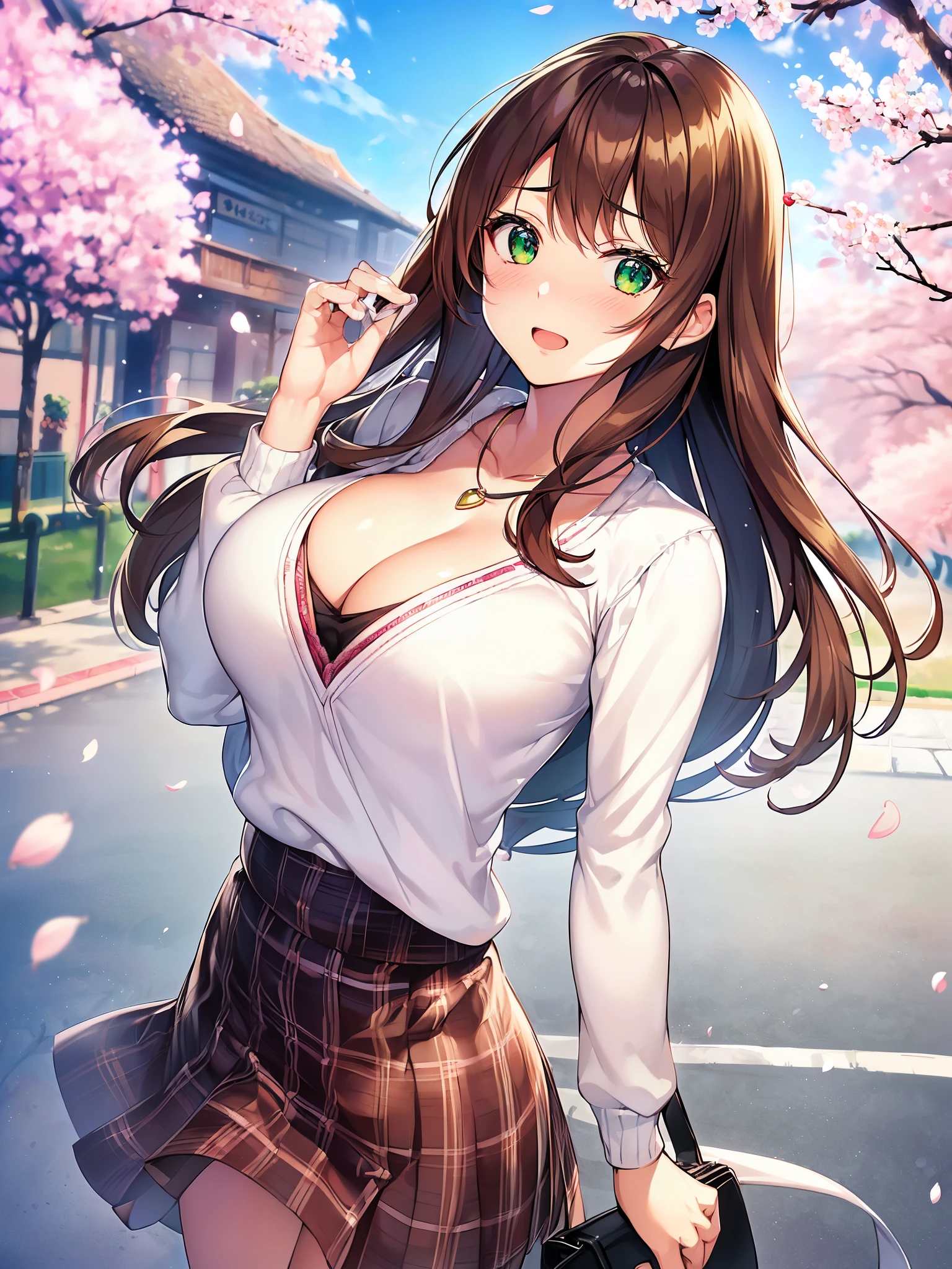 ((masutepiece, best quality, hight resolution, ticker, Perfect Pixel, Depth of the bounds written, In 4K, ticker, ticker))), 1girl in, Single, Solo, Beautiful anime girl, Beautiful Art Style, Anime Character, ((Long hair, Bangs, Brown hair)), ((green eyes:1.4, rounded eyes, Beautiful eyelashes, Realistic eyes)), ((Detailed face, Blushing:1.2)), ((Smooth texture:0.75, Realistic texture:0.65, Photorealistic:1.1, Anime CG style)), ((cleavage, busty)), dynamic angle, Perfect body, ((POV, dynamic pose, Portrait)), ((White sweater, Long sleeve, Black skirt, plaid skirts, Fashionable, 1 handbag, 1 Diamond Necklace, Visible bra:0.95)), shy smile, Open mouth, amusement park, ((The cherry tree, Cherry blossoms fall))