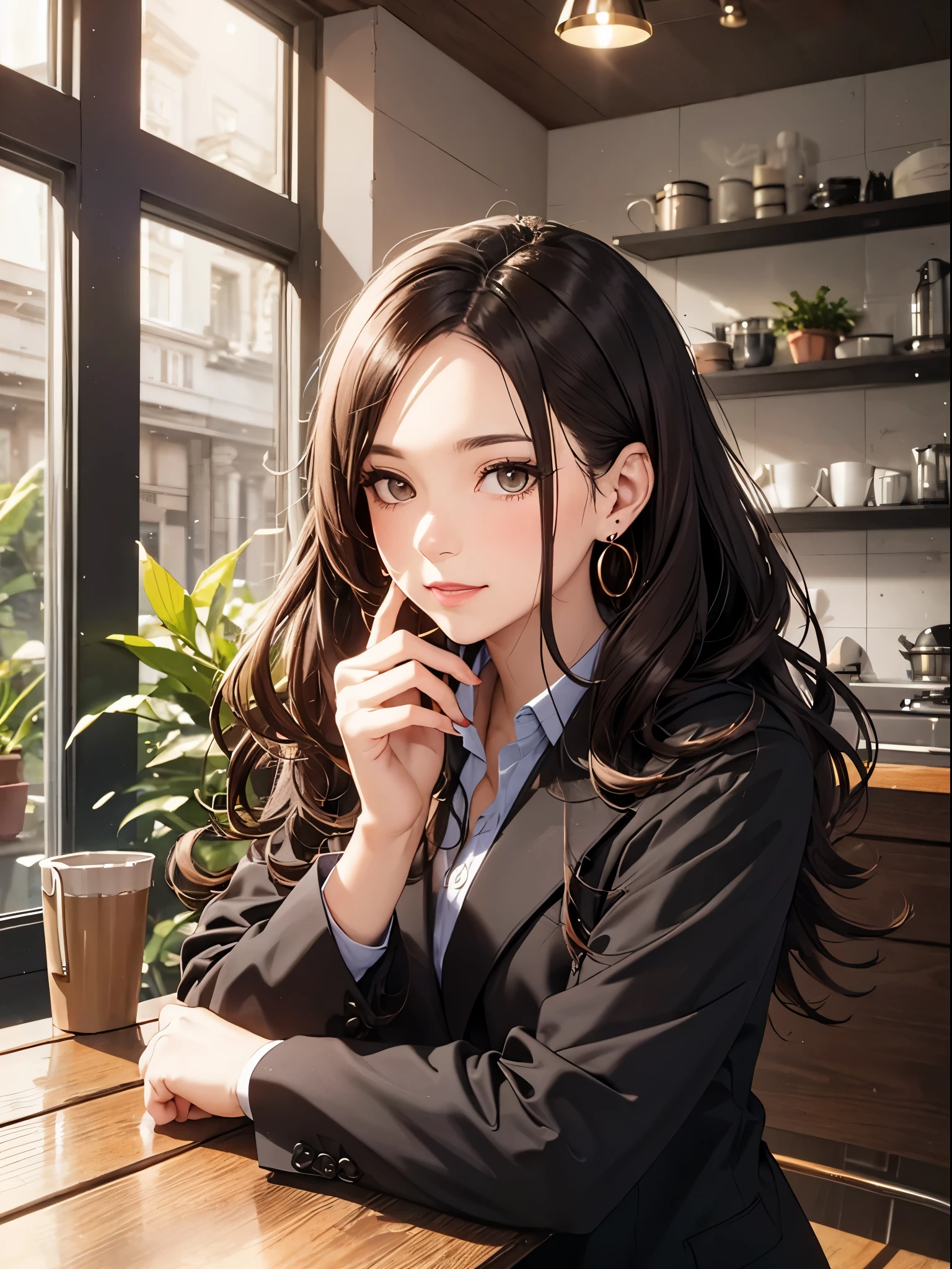 femele, European, black spiky hair, Light brown eyes deteriorate in yellow, Red Lipstick, eye shadow, blush, tired expression, Affectionate smile, Dressed in an open black blazer, Red dress shirt, Long Ruby Earrings, Sitting in a café, Put her hair behind the ears, Lighting small light sepia, Light effects in different directions, Cold weather, Indoor plants, A clear day, wavy hair