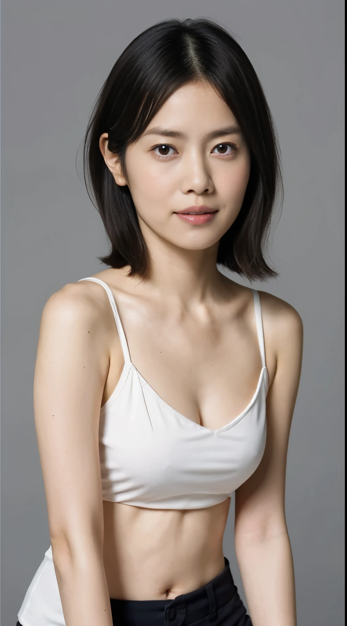 japanes, Women of short stature, Medium flesh and middle back, slightly plump, Short arms, Single eyelid, long slit eyes, Ephemeral atmosphere, 30-year-old girl, Black Hair Bob Hair, ((thin lipss)), White underwear, masutepiece, best quality, Detailed skin, Detailed eyes, ,8K, Good anatomy, Upper body portrait